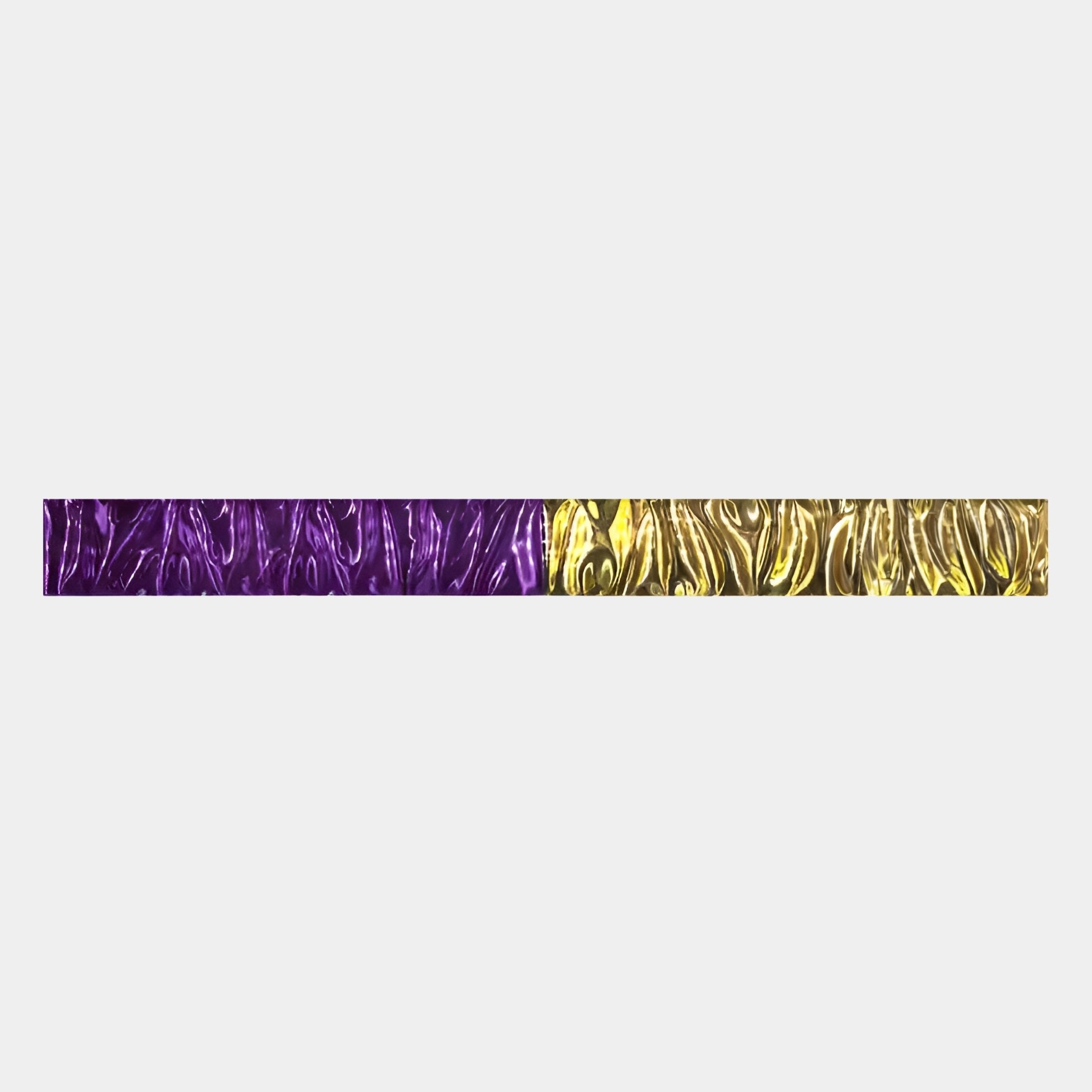 Textura 3D Purple And Gold Leather Design Wall Art by Giant Sculptures features a long, narrow bar with a marbled surface—purple on the left, gold on the right—set against a light gray background, creating a modern artistic look.