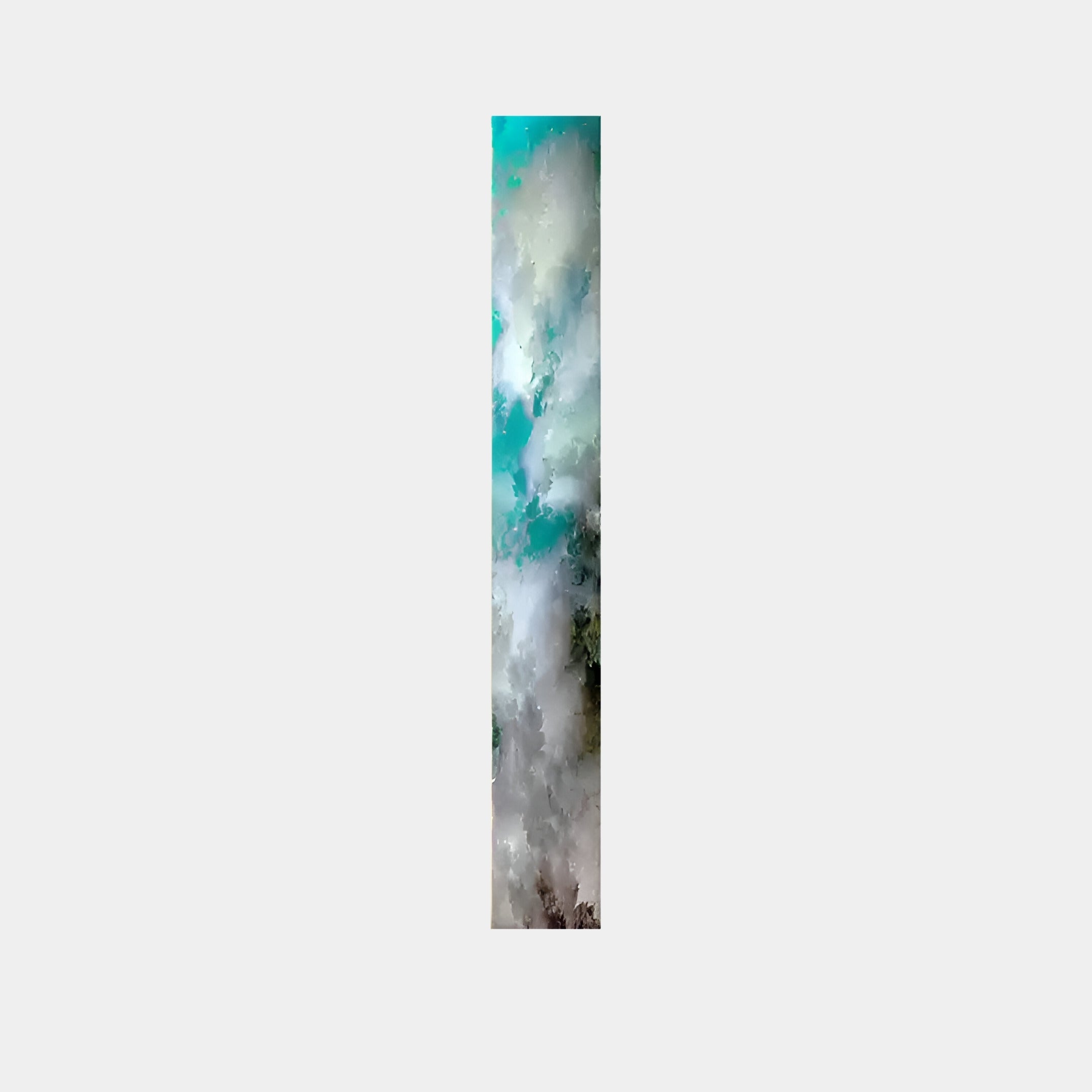 The Chroma Sky Cloud Patterns LED Wall Art Canvas by Giant Sculptures features a tall, narrow design blending white, teal, and brown shades. These colors create tranquil cloud patterns with depth and movement on a plain gray background.