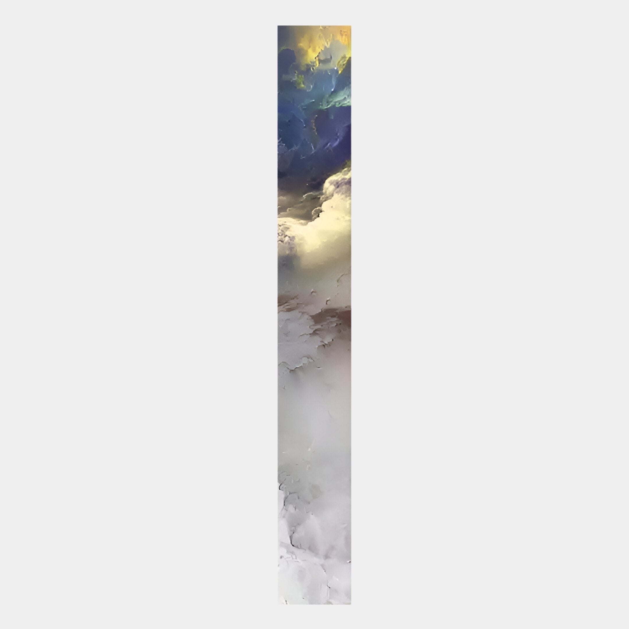 The Chroma Gold Radiant Veins LED Wall Art Canvas by Giant Sculptures features dark blue clouds blending into bright yellow light above misty white clouds—an ethereal, tall, narrow artwork perfect for luxury home decor.