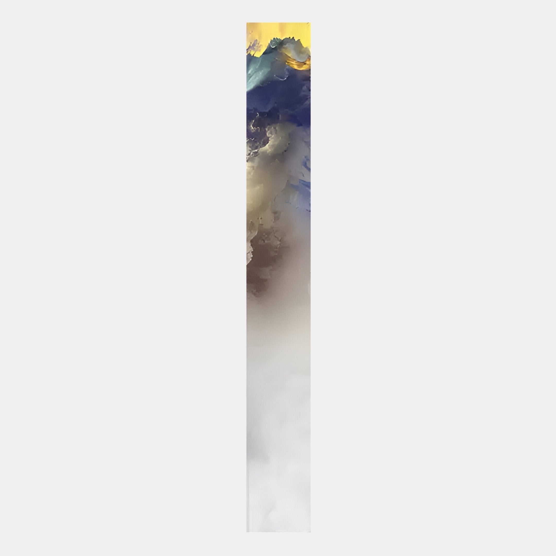 The Chroma White Ethereal Glow LED Wall Art Canvas by Giant Sculptures is a tall, narrow abstract piece with swirling blue, yellow, and white hues atop neutral tones, evoking a dynamic seascape for a sophisticated accent.