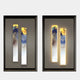 The Chroma White Ethereal Glow LED Wall Art Canvas by Giant Sculptures features two vertical rectangular frames displaying abstract art in blue, white, and gold. The right frame glows softly, ideal for modern interiors looking to enhance a plain backdrop with captivating LED wall art.