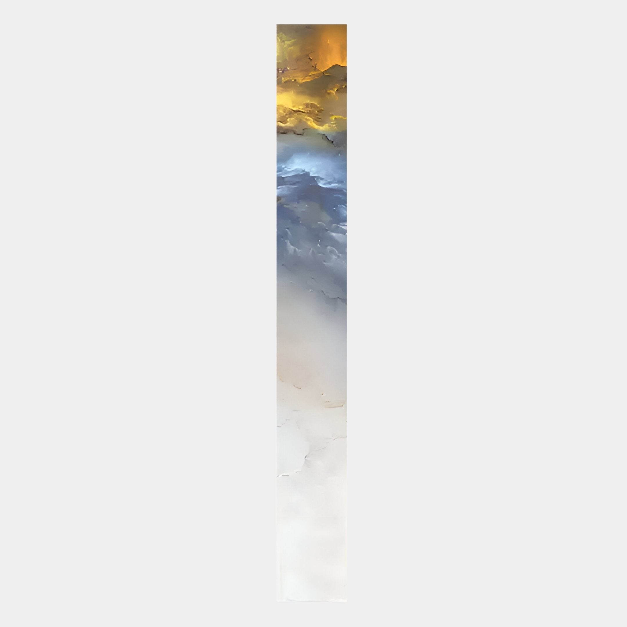 The Chroma Sunset Fiery Strokes LED Wall Art Canvas by Giant Sculptures is a tall, narrow piece that displays a warm golden yellow top fading through blue and gray to soft white, evoking sunset skies and atmospheric cloud layers.