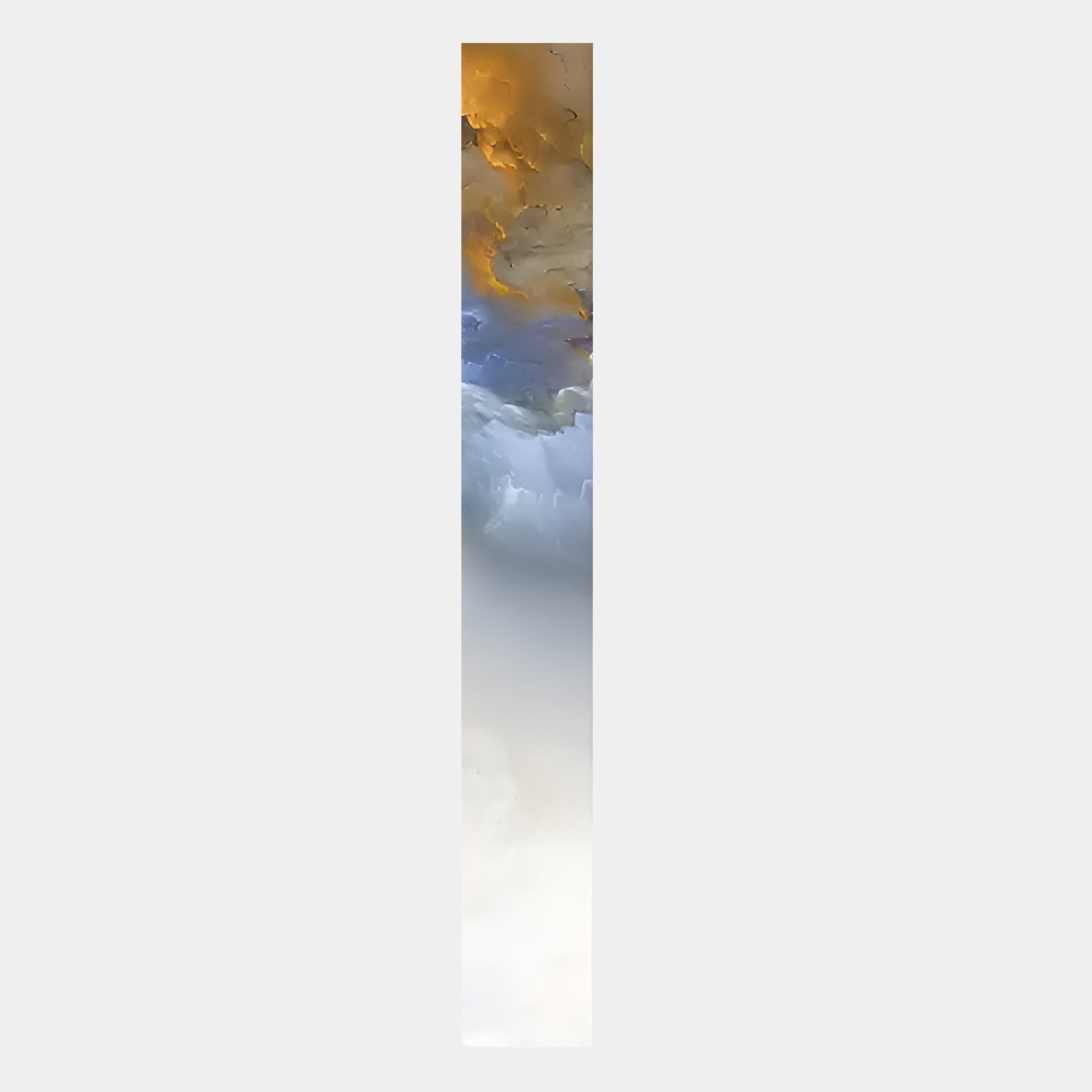 The Chroma Amber Textured Layers LED Wall Art Canvas by Giant Sculptures is a tall, narrow piece showcasing swirling gold, blue, and white clouds with textured layers on a light gray background.