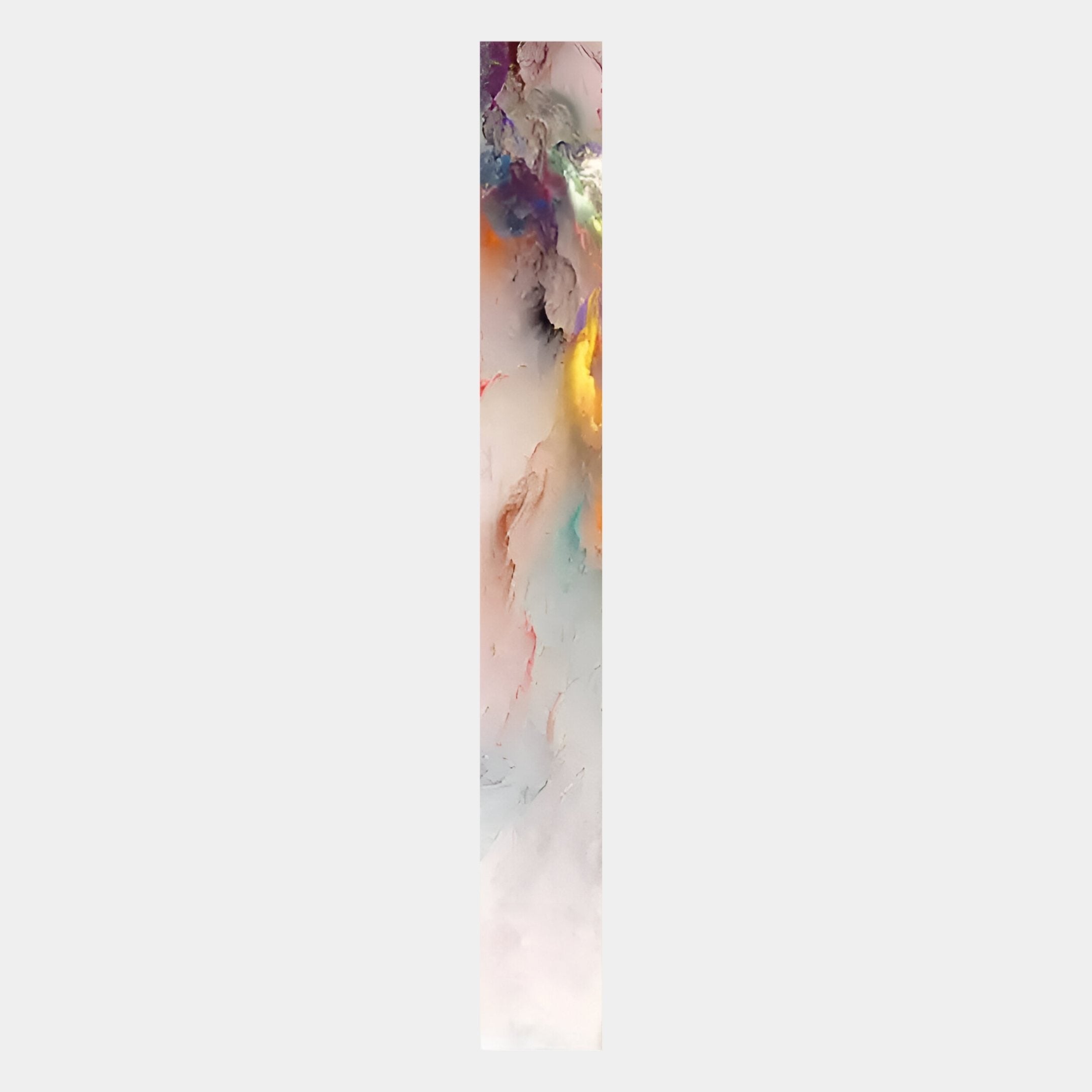 The Chroma Aurora Pastel Swirls LED Wall Art Canvas by Giant Sculptures displays tall, narrow pastel swirls of purple, orange, and pale blue on light gray, adding a soft, ethereal touch to any contemporary space.