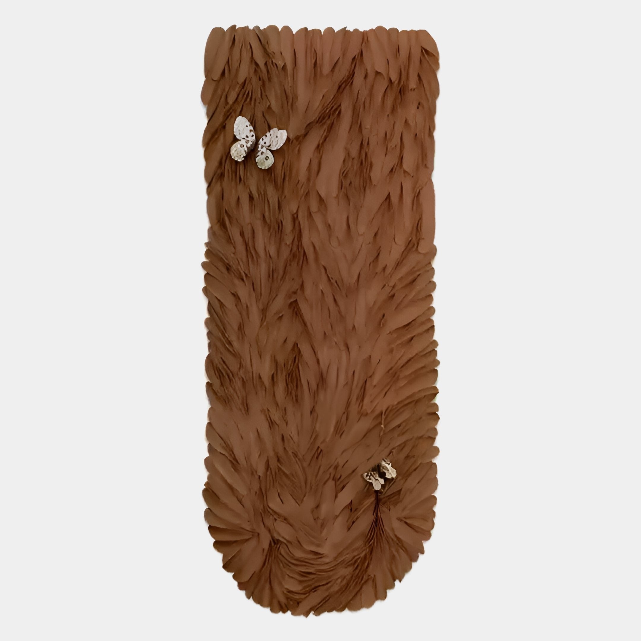 The Blossom Warm Terracotta Leather 3D LED Wall Art by Giant Sculptures features a brown, textured rectangular design with feather-like layers and two small white floral accents—ideal for contemporary spaces.