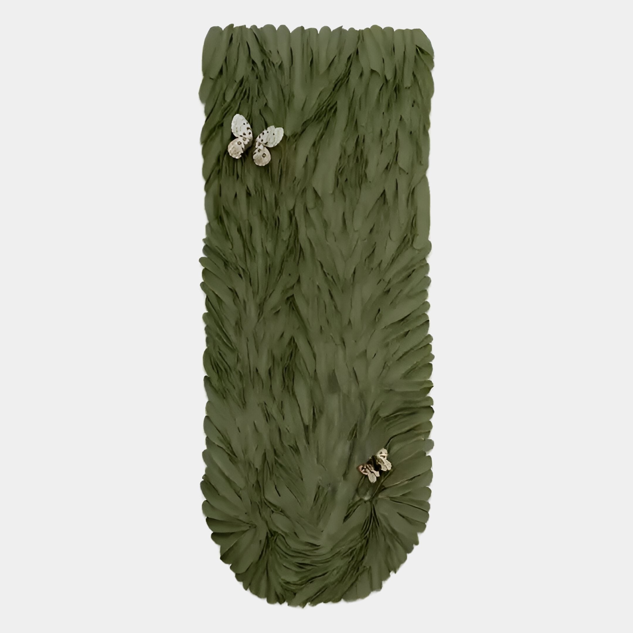 The Blossom Vibrant Green Leather 3D LED Wall Art by Giant Sculptures features textured, overlapping olive green petals and white butterfly accents—a stunning choice for adding contemporary elegance to your space.