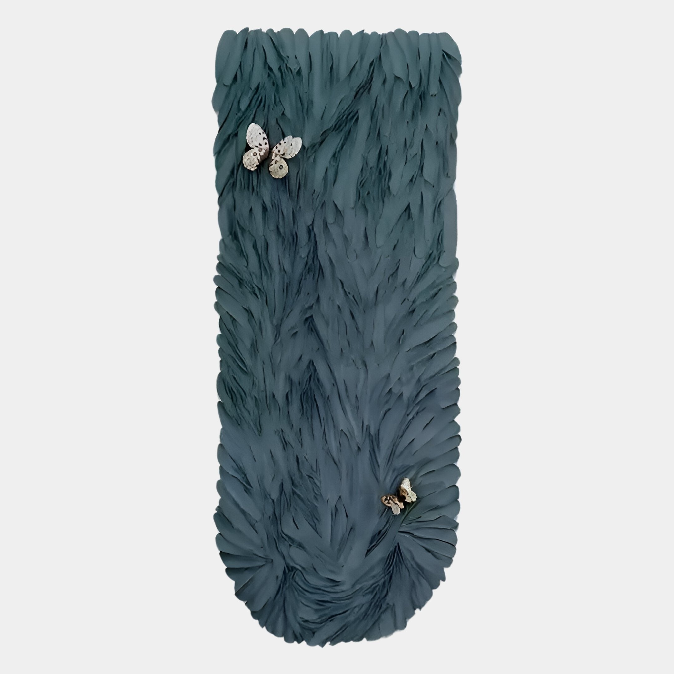 Blossom Deep Ocean Blue Leather 3D LED Wall Art by Giant Sculptures features a textured deep green rectangular surface with layered, leaf-like patterns and leather texture. Two small decorative insect accents adorn the plain white background.