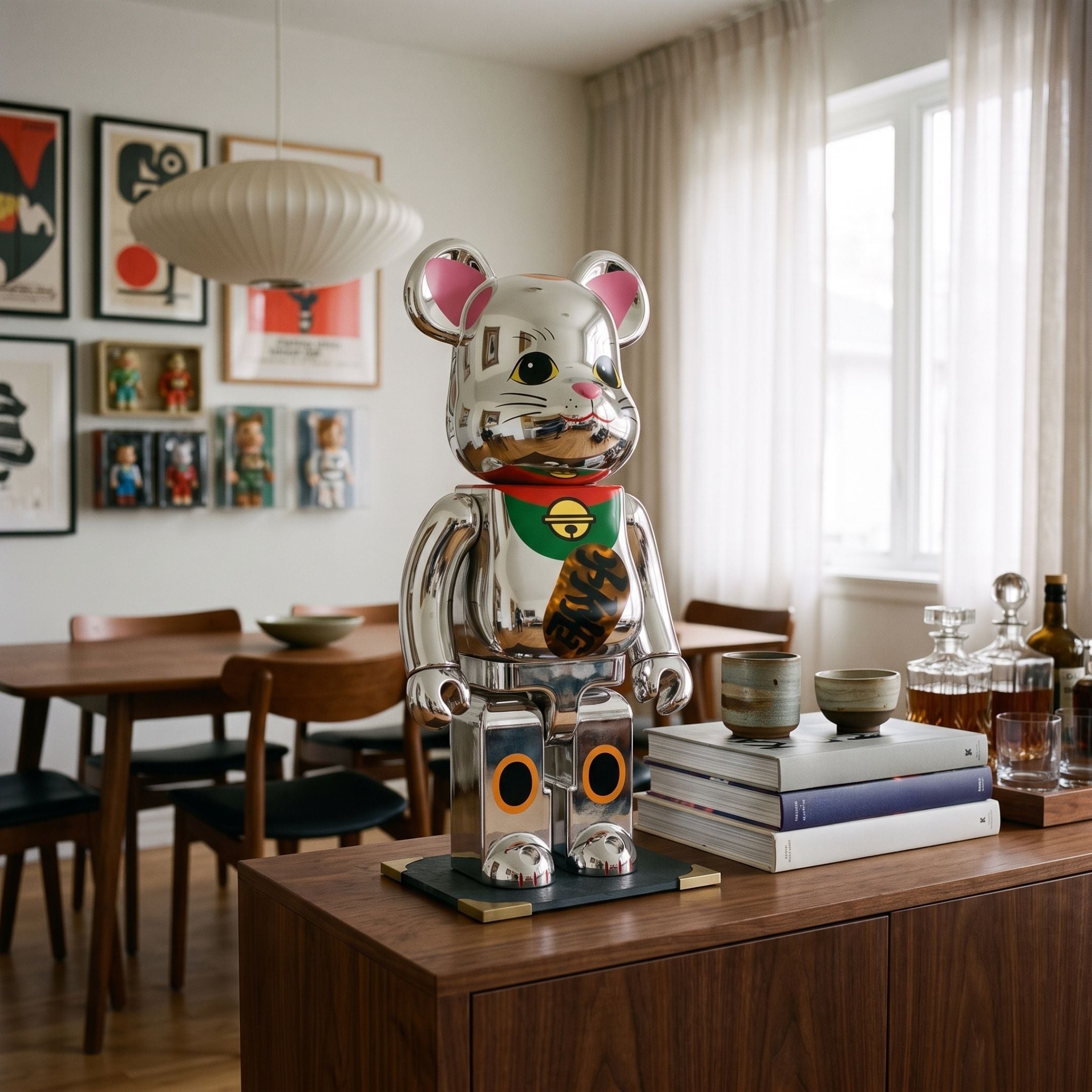 Lucky Paw Chrome Bear Sculpture, 70cm, in mirror-chrome silver with pink ears and red bell collar, displayed on a wood sideboard in a dining room.