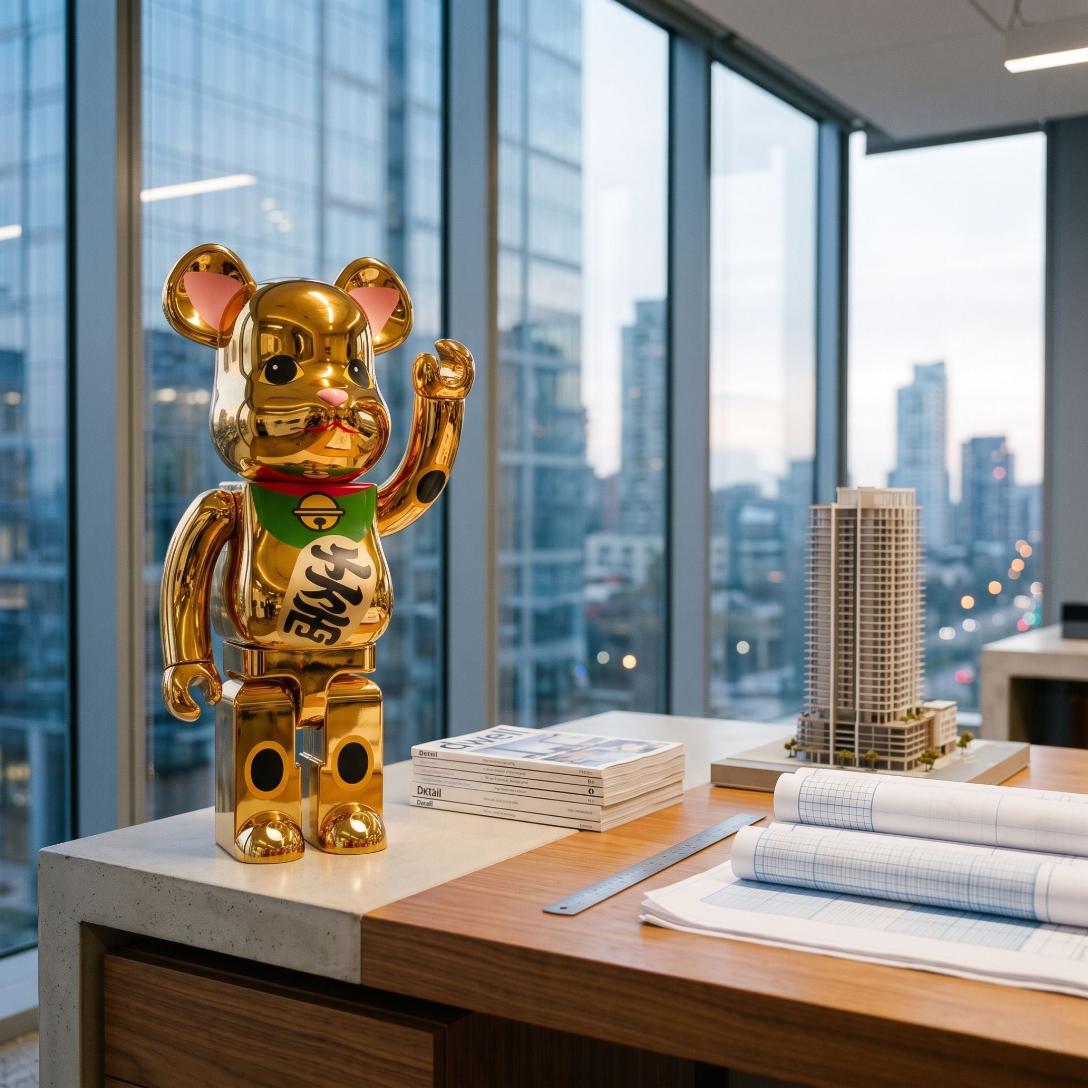 Lucky Paw Gold Bear Sculpture - 70cm, gold chrome bear with raised paw and green bib, displayed on an office desk beside a city skyline model near floor-to-ceiling windows.
