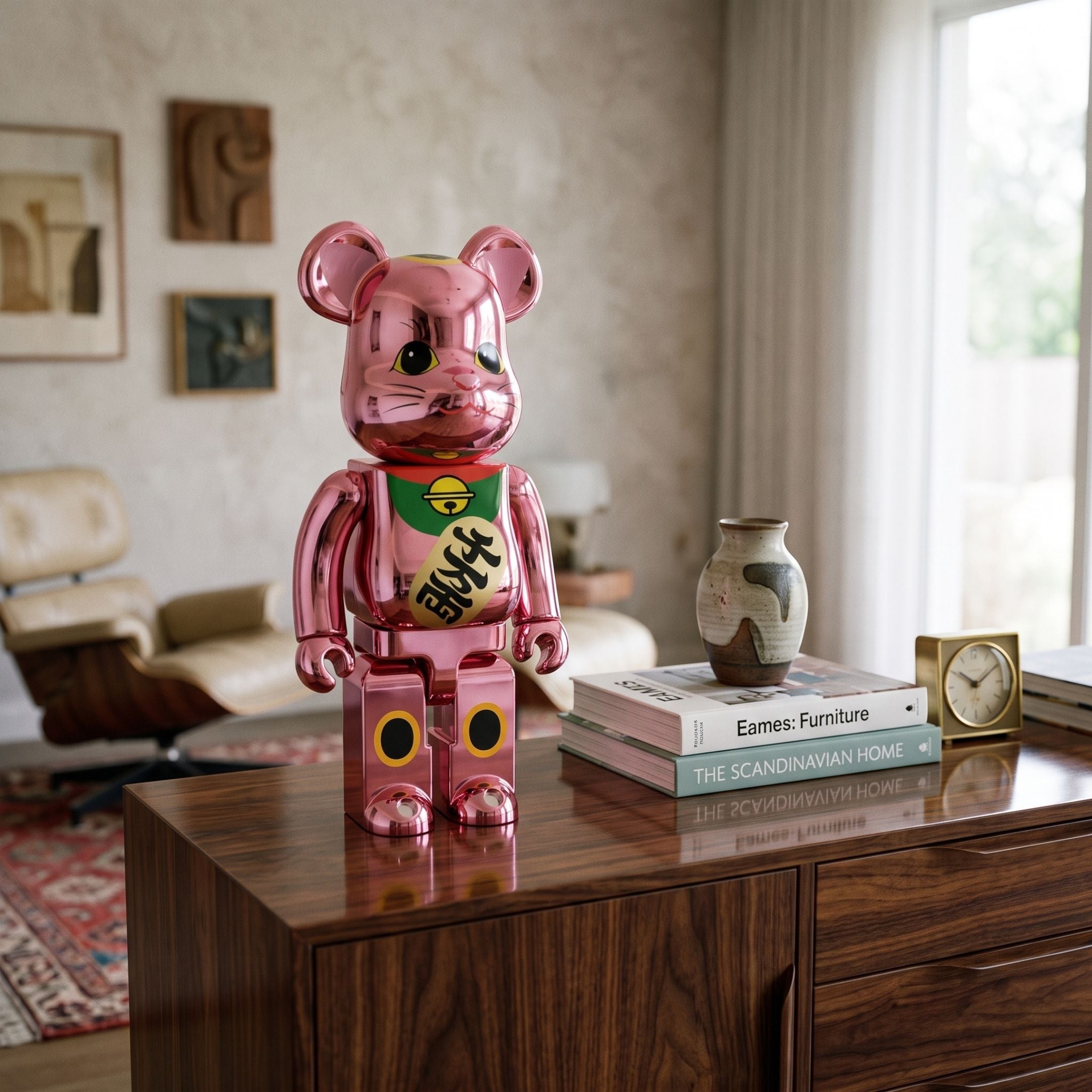 Lucky Paw Pink Bear Sculpture - 70cm by Giant Sculptures, rose-tint chrome finish with green collar and gold medallion, displayed atop a wooden sideboard in a living room.