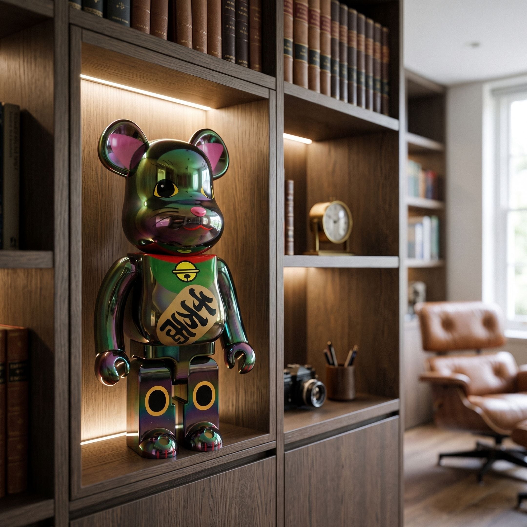 Lucky Paw Green Bear Sculpture - 70cm, glossy metallic green bear figure with Japanese chest lettering, displayed on a lit wooden bookshelf in a home study.