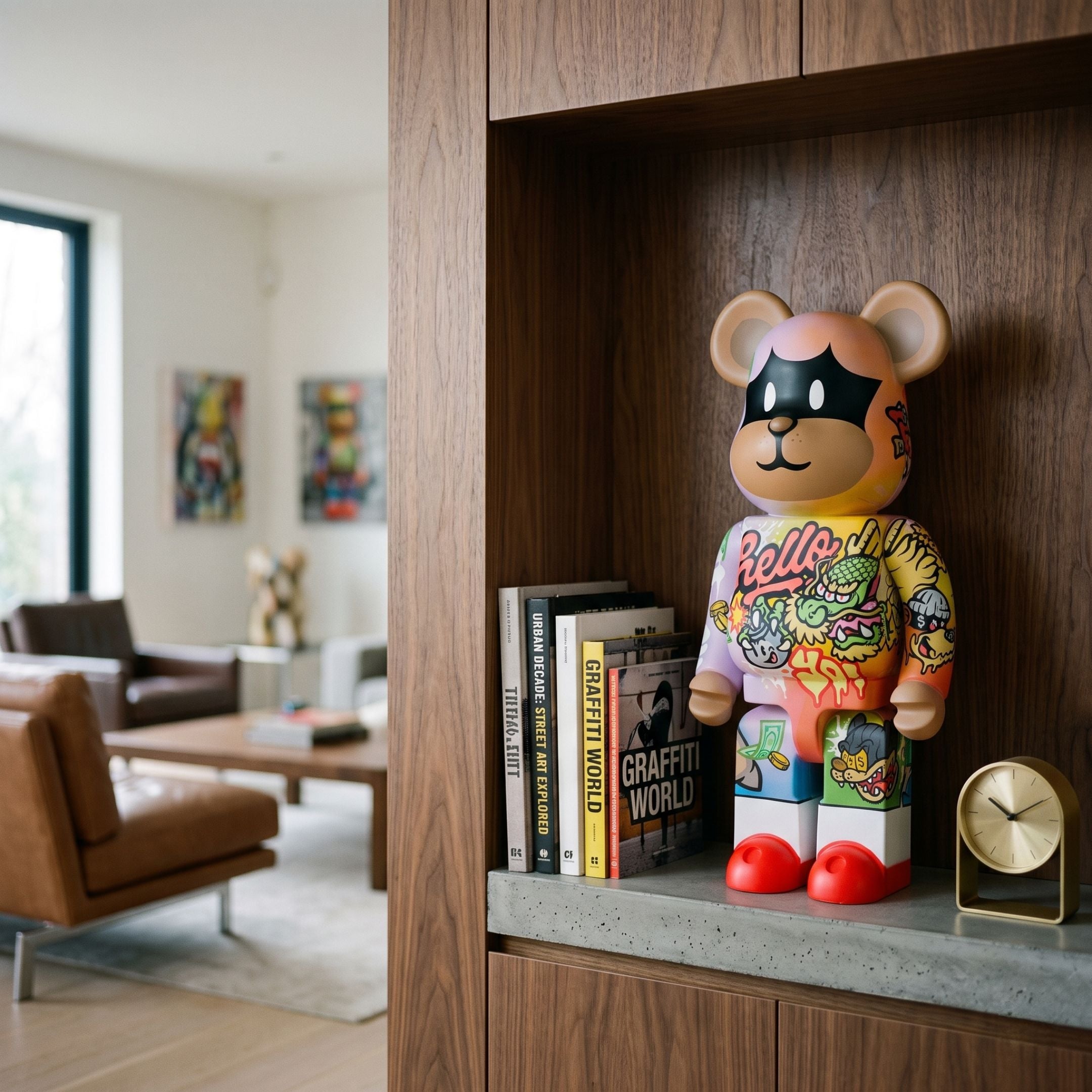 Lucky Paws Bear Sculpture, 50cm, resin bear with masked face and graffiti-style "Hello" artwork, displayed on a wooden shelf beside books in a living room.