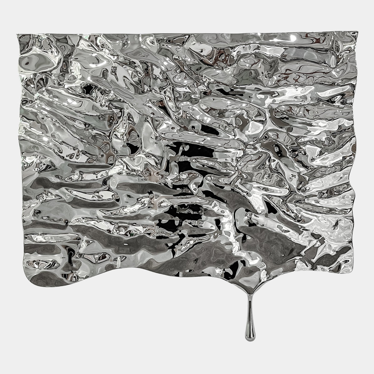 Lumineris Silver Melted Wave Metal 3D Wall Art in mirror-polished stainless steel with a rippled, liquid-like texture and elongated drip, shown on a plain white background.