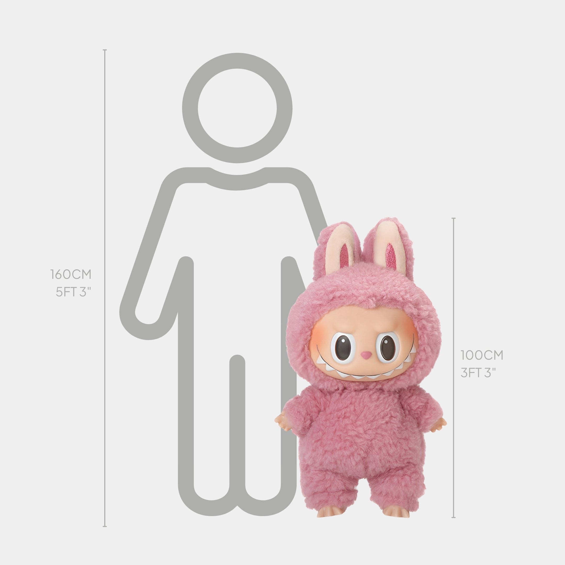 The Fluffy Walkers Blush Pink Labubu Sculpture - 100cm by Giant Sculptures stands smiling before a gray human outline, showcasing its 100 cm (3 ft 3 in) height next to an average adult at 160 cm (5 ft 3 in).