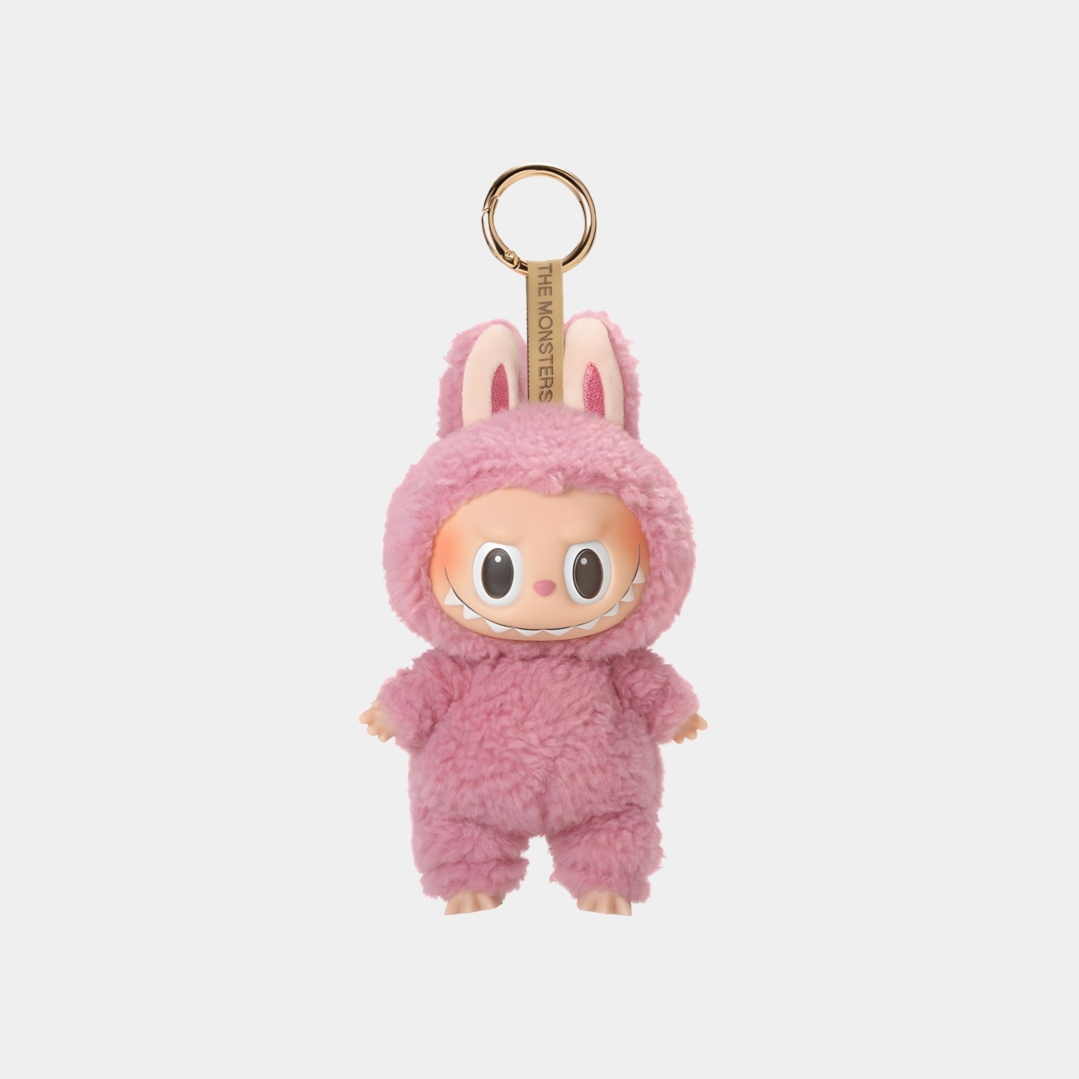 The Lychee Berry Macaron Labubu Keychain Figure by Giant Sculptures is a 15cm collectible plush with a big smile and fuzzy pink bunny costume, featuring long ears and displayed on a plain white background.