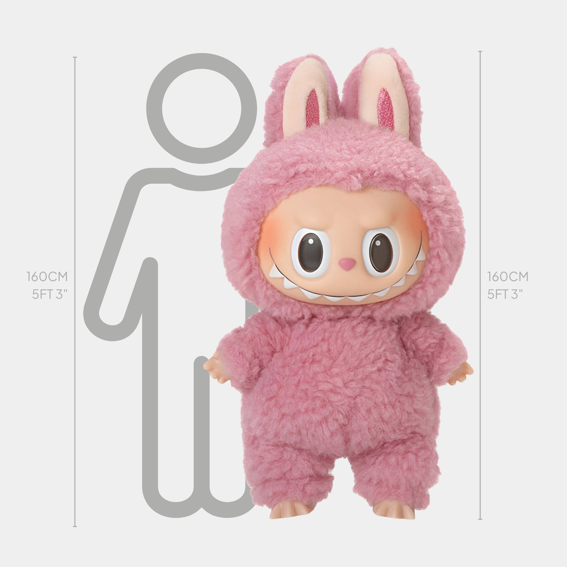The Giant Sculptures Fluffy Walkers Blush Pink Labubu Sculpture (160cm) features a wide-grinned Labubu in a fluffy bunny suit with big ears, standing before a 160cm outline to showcase its impressive, charming size.