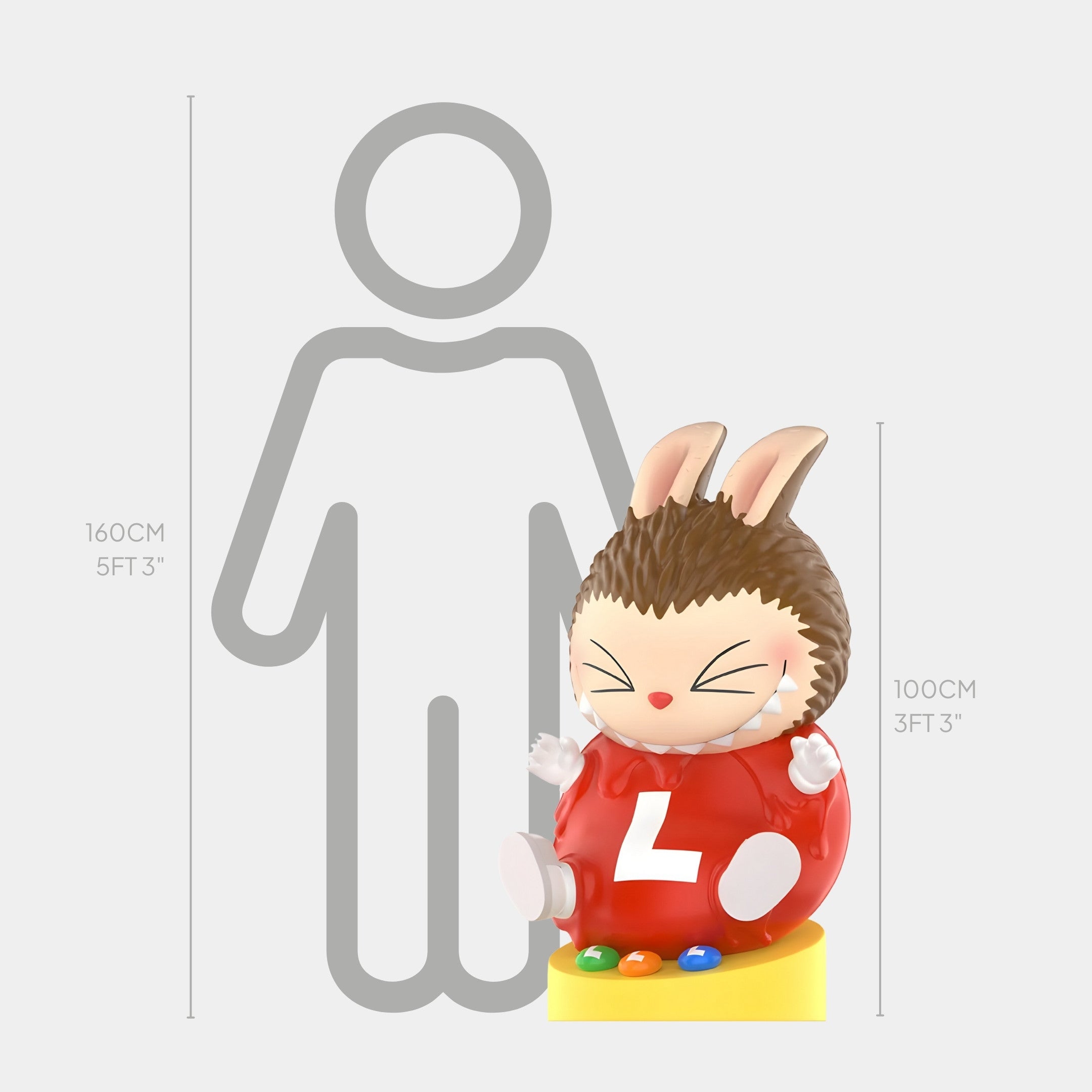 The Giant Sculptures L & L Chocolate Candy Labubu Sculpture, a 100cm-tall fibreglass bunny in a red shirt with a white L, sits charmingly next to a height chart and human outline—a whimsical art piece for any space.