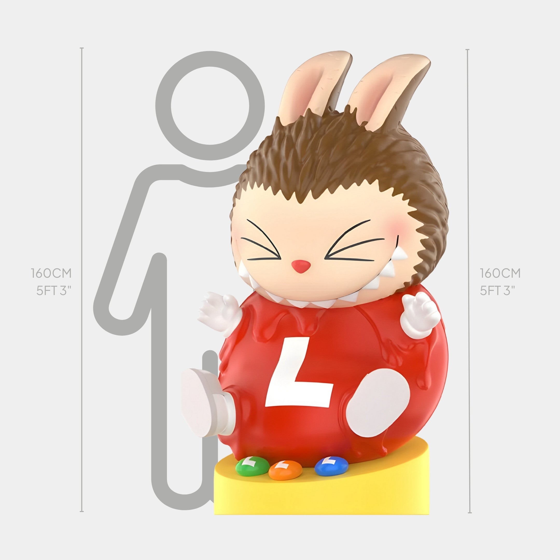 The Giant Sculptures L & L Chocolate Candy Labubu Sculpture features a chubby cartoon figure with bunny ears, spiky hair, and a red outfit with a white L, sitting on a yellow pedestal. This fibreglass piece stands 160cm tall.