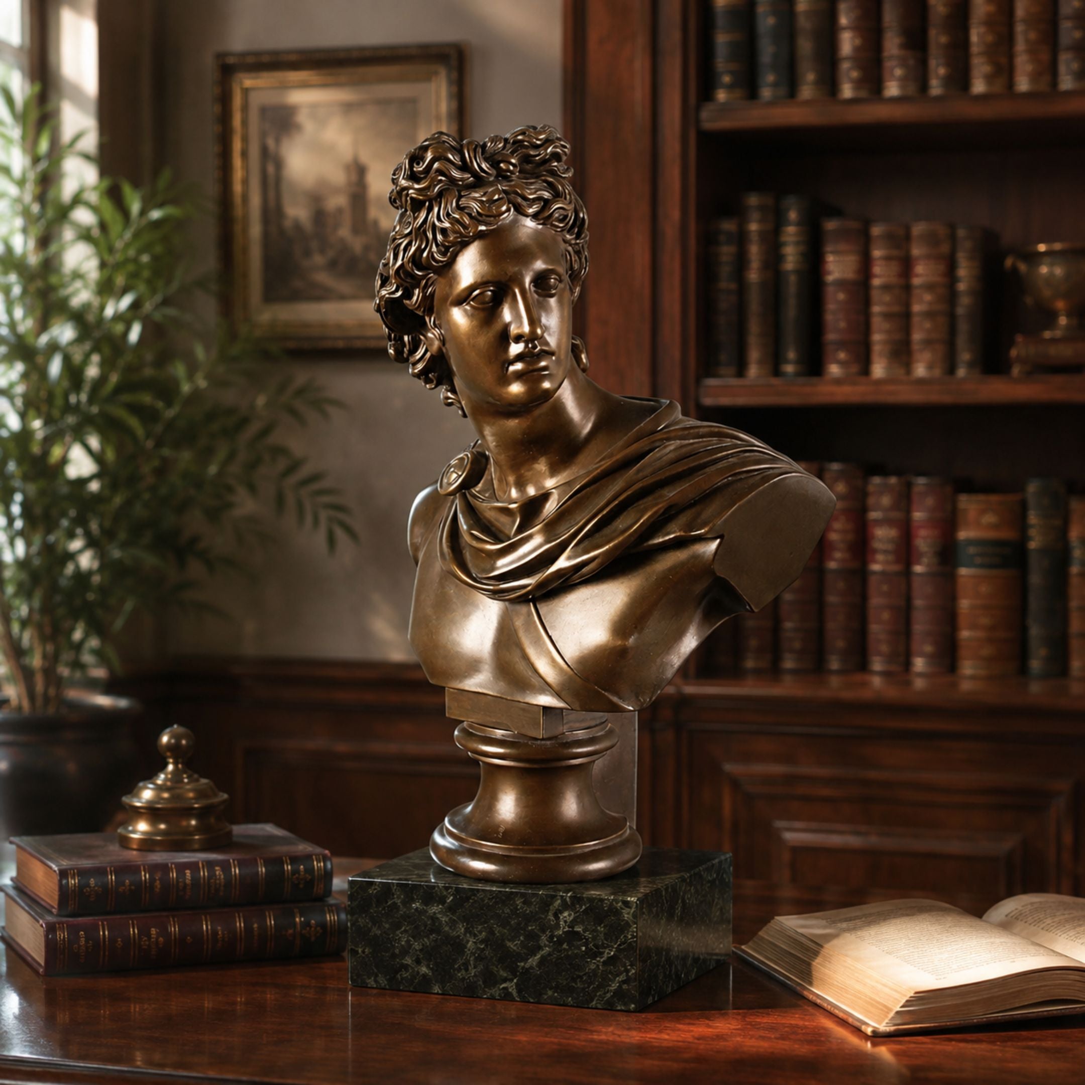 Large Classical Apollo Bust Bronze Statue - 75cm on a marble base in a study, shown with bookshelves, a plant, and stacked books nearby.