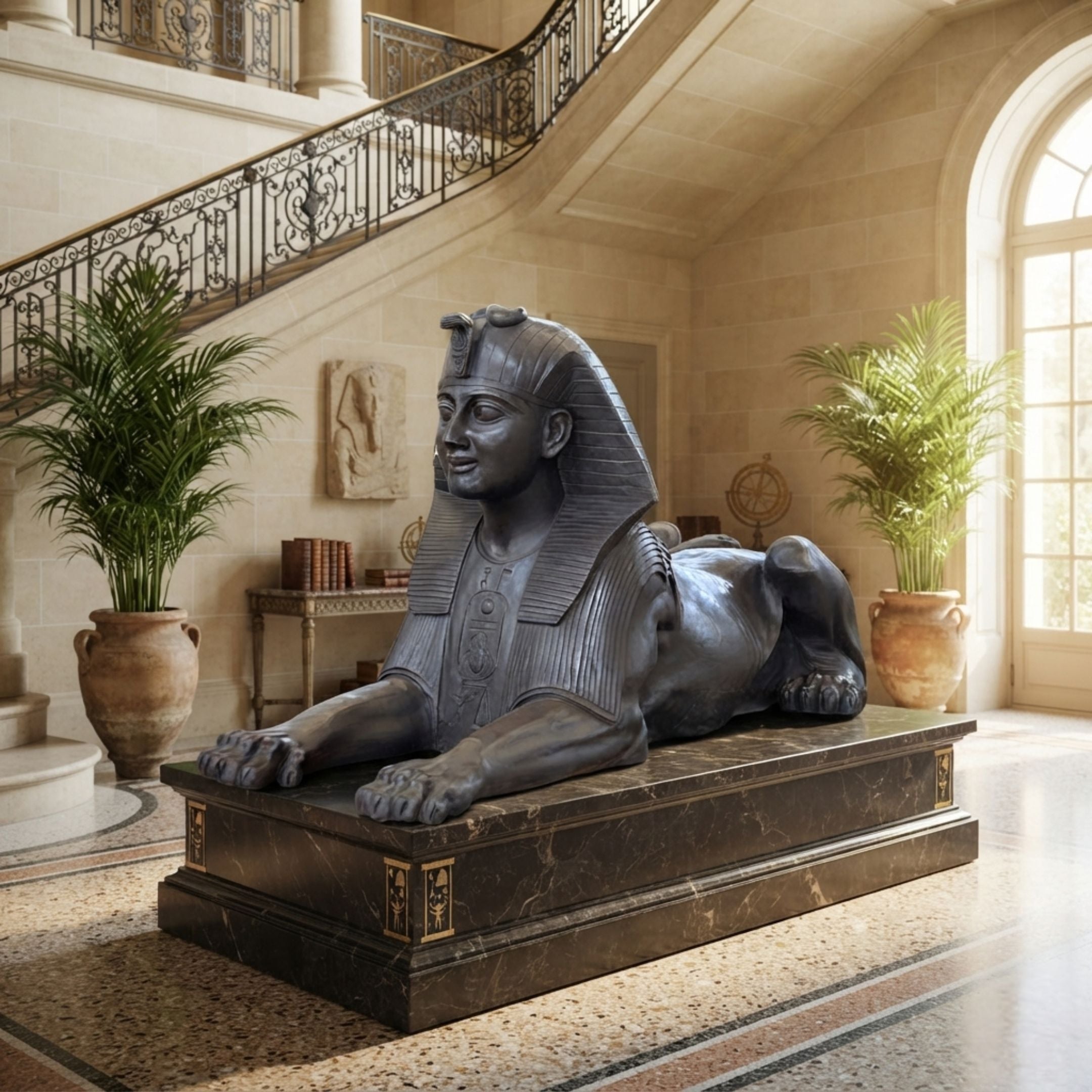 Large Classical Recumbent Egyptian Sphinx Bronze Sculpture, 180cm, on a marble base in an entryway with a curved staircase and potted palms.