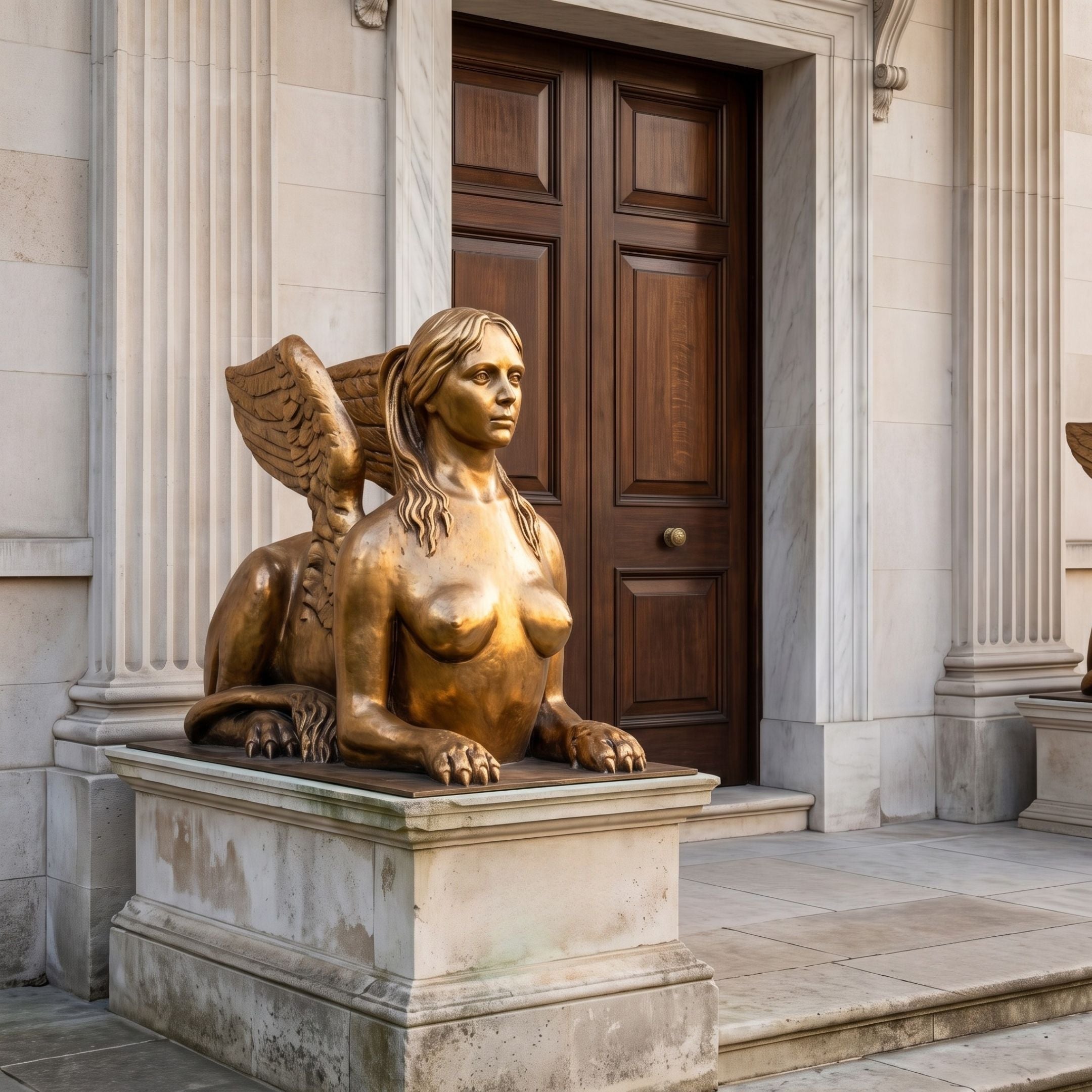 Large Classical Winged Sphinx Bronze Sculpture by Giant Sculptures in golden-amber patina, reclining on a stone plinth beside a columned entrance with wooden doors.
