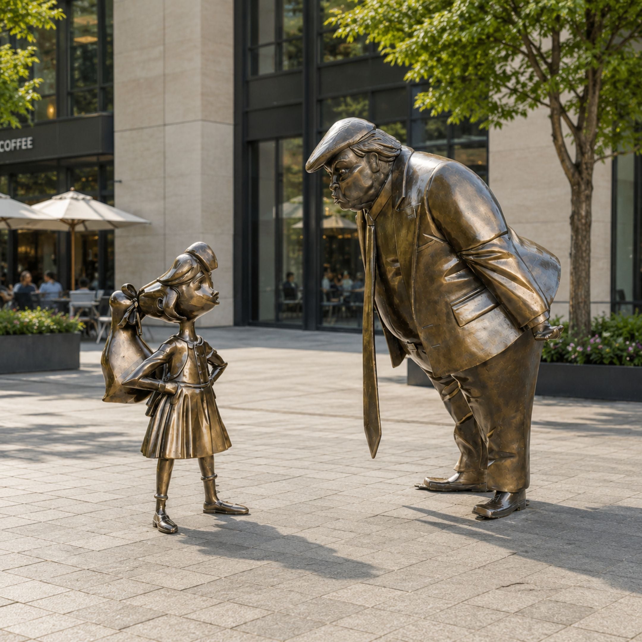 Large Contemporary Rotund Man and Defiant Girl Bronze Sculpture by Giant Sculptures, 200cm, shown on a paved plaza outside a café and modern building.