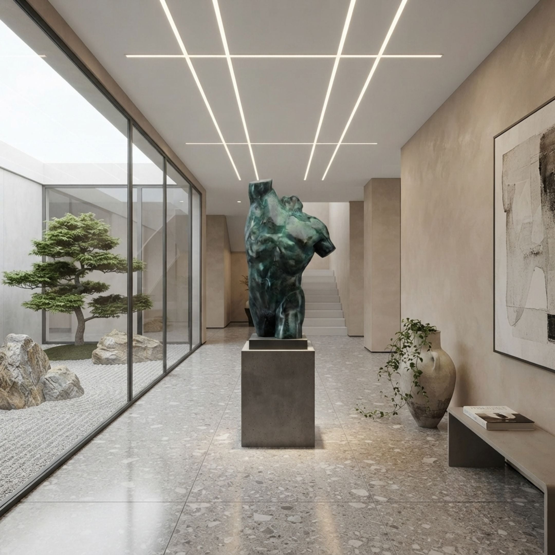 Giant Sculptures' 140cm Large Contemporary Twisting Male Torso Bronze Sculpture in green verdigris on a dark stone plinth, displayed in a hallway beside a zen garden.