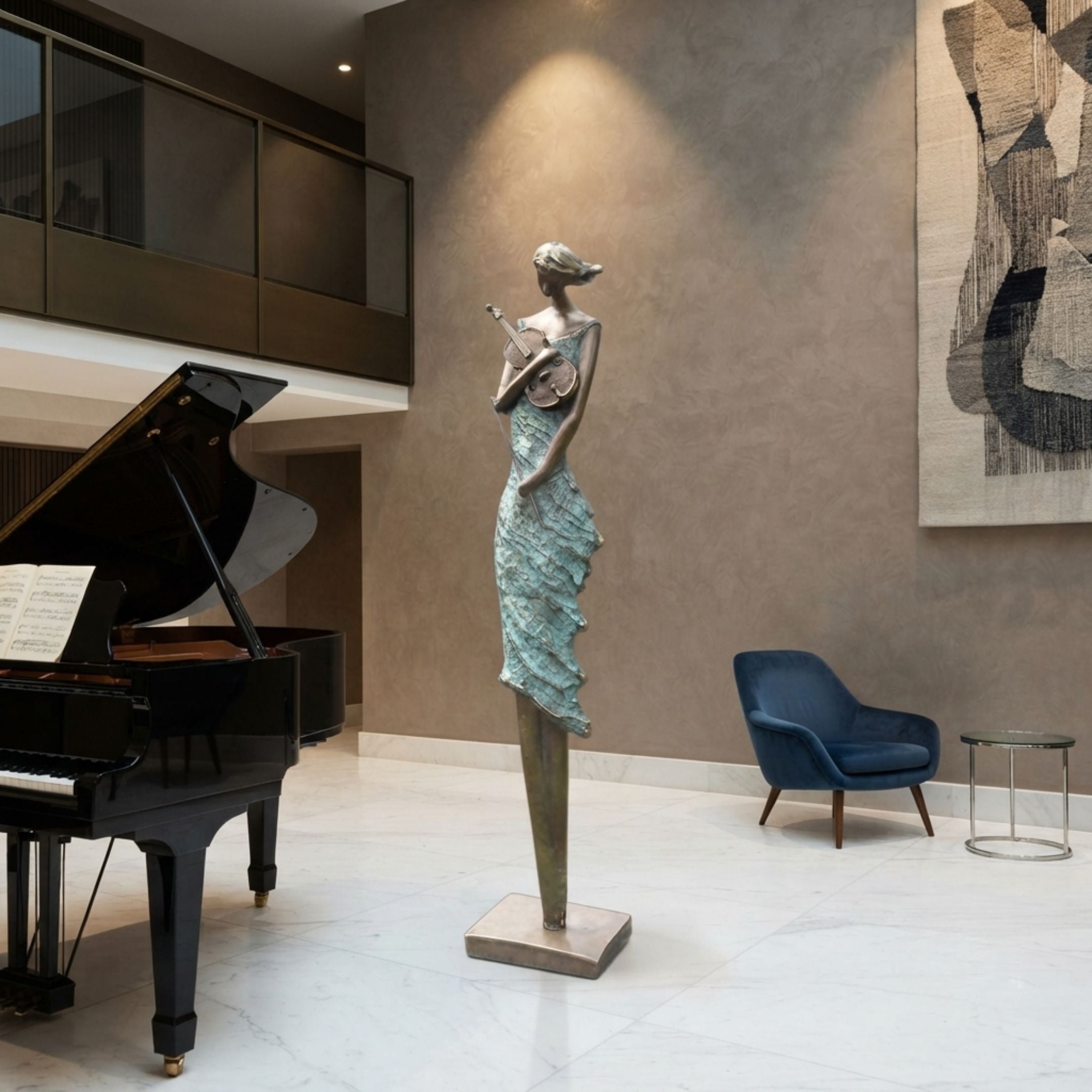 Large Contemporary Violinist Bronze Sculpture by Giant Sculptures, 220cm elongated female figure with verdigris dress holding a violin, displayed beside a grand piano.