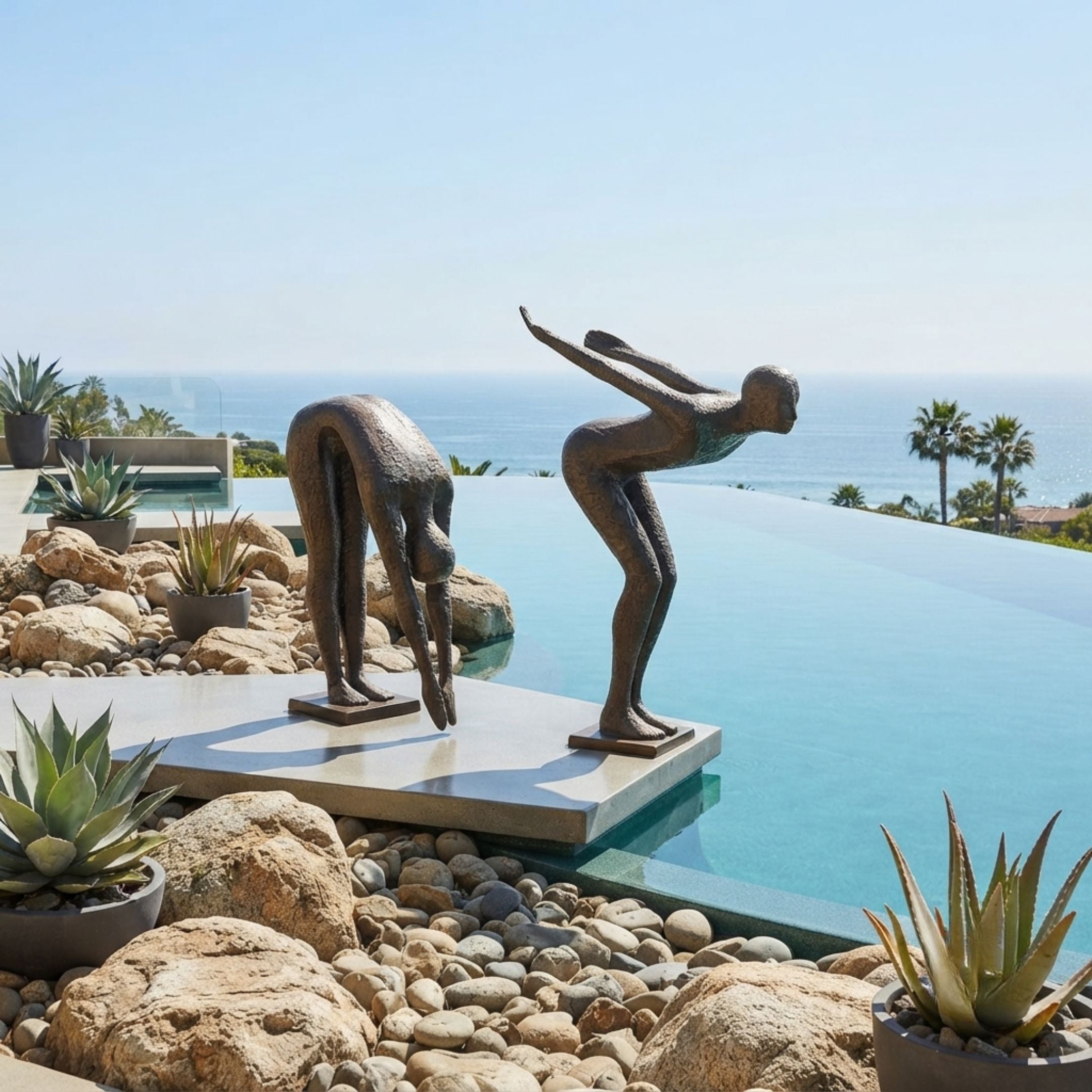 Giant Sculptures Large Modern Abstract Diver Figures Bronze Sculpture 160cm poolside on a stone platform, one figure bent forward, the other poised to dive, ocean beyond.