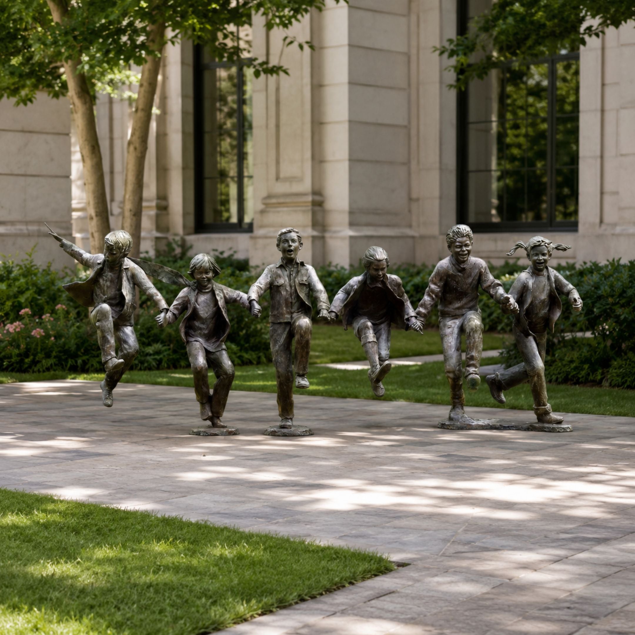 Contemporary Running Children Bronze Sculpture, 130cm, showing six figures mid-stride with outstretched arms, one caped, on a stone pathway garden setting.