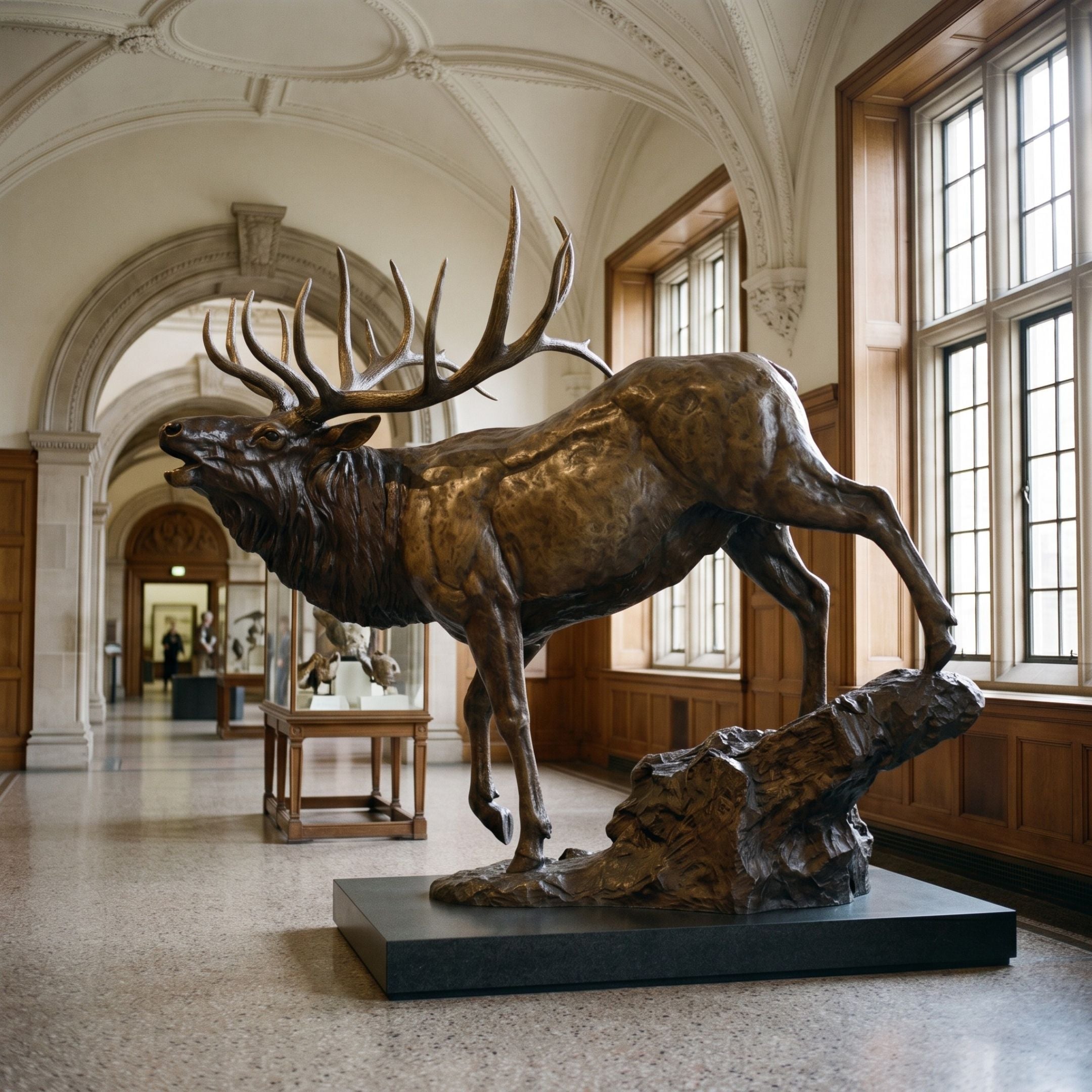 Life-Size Bull Elk Striding Bronze Sculpture by Giant Sculptures, 280cm, shown bugling on a rocky base in a vaulted museum-style hall with wood-paneled windows.