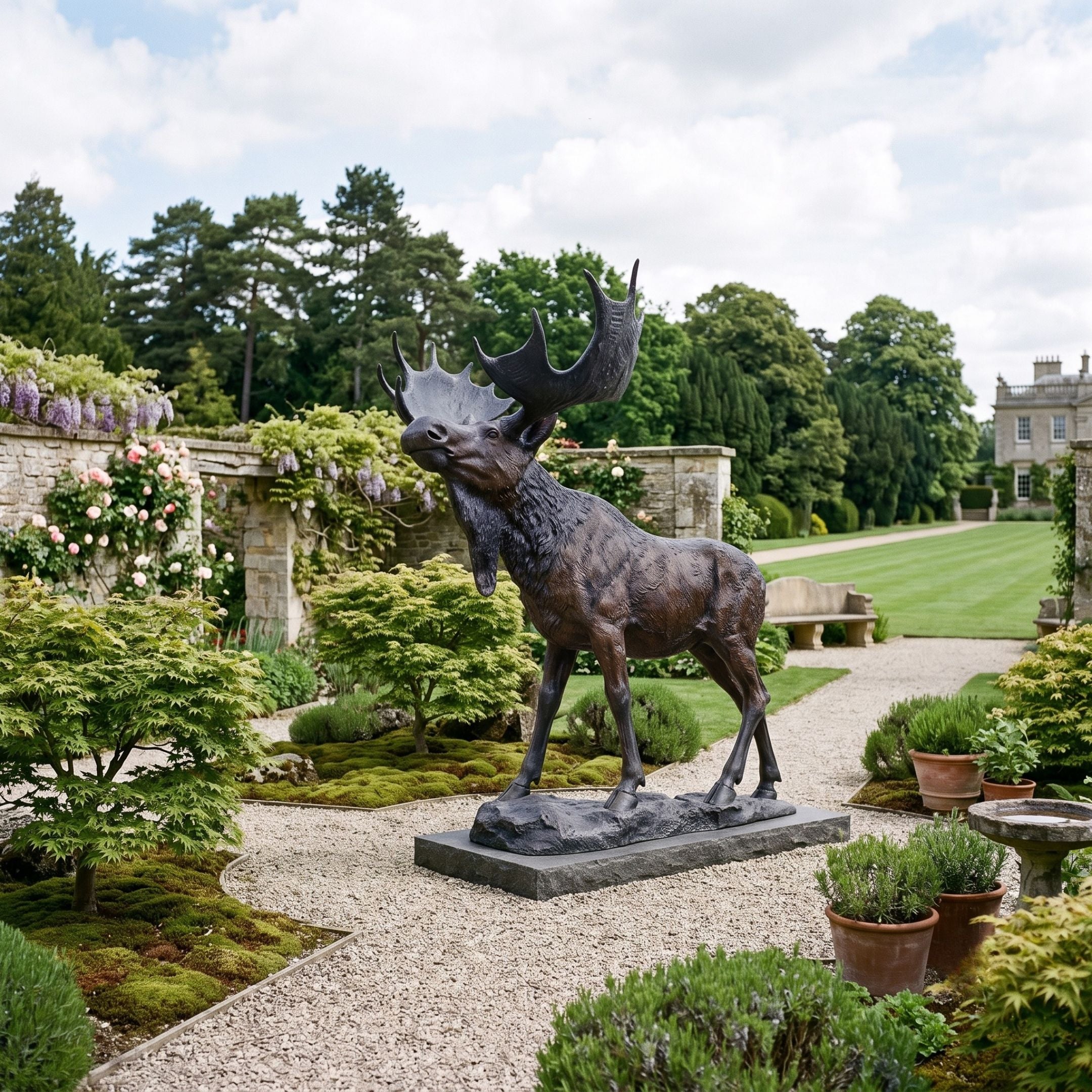 Life-Size Bull Moose Bronze Sculpture by Giant Sculptures with dark patina and wide palmate antlers, on a stone base in a gravel garden path beside roses and wisteria.