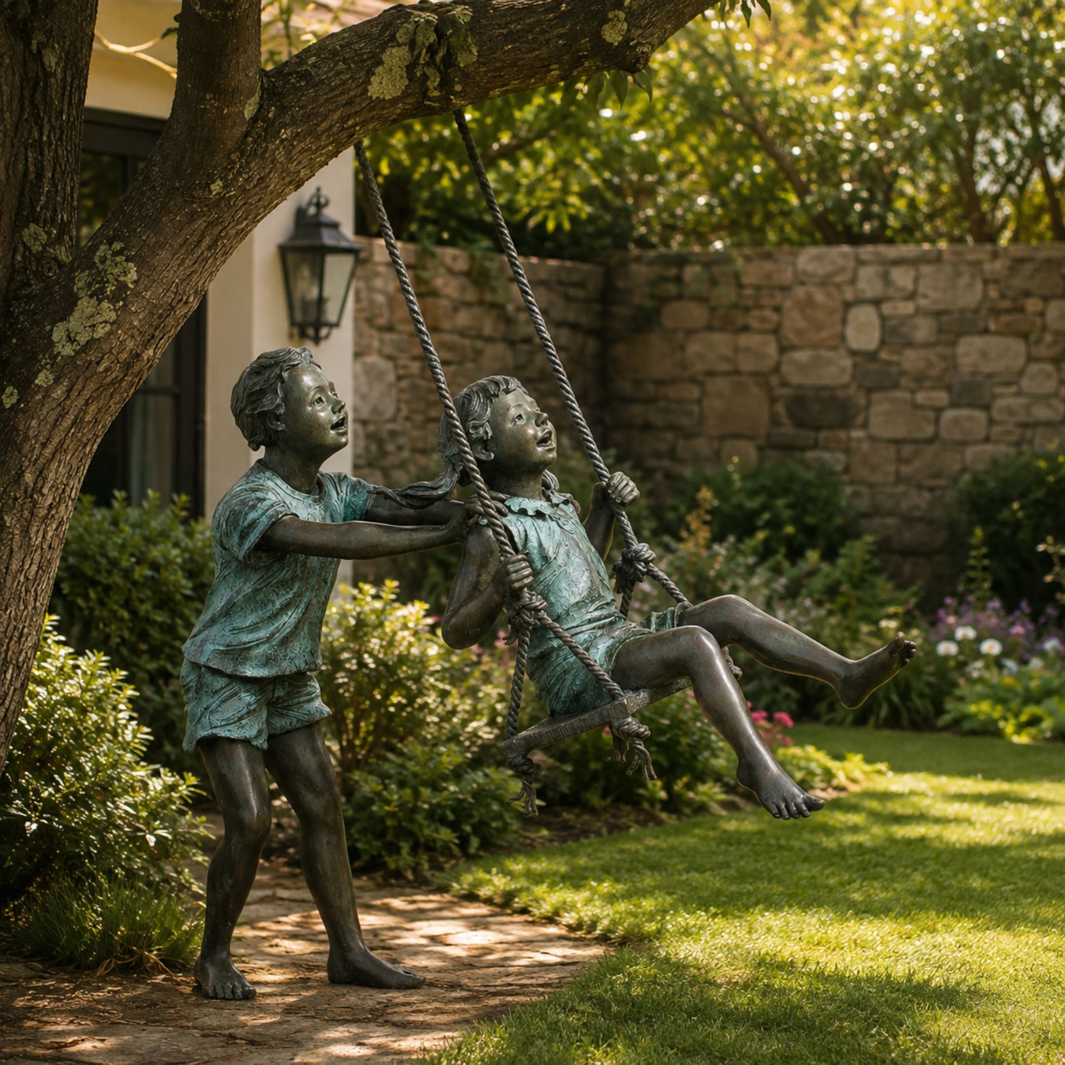 Life-Size Children on Swing Bronze Sculpture, 130cm, verdigris patina finish, boy pushing a girl on a rope swing under a tree in a garden setting with stone wall.