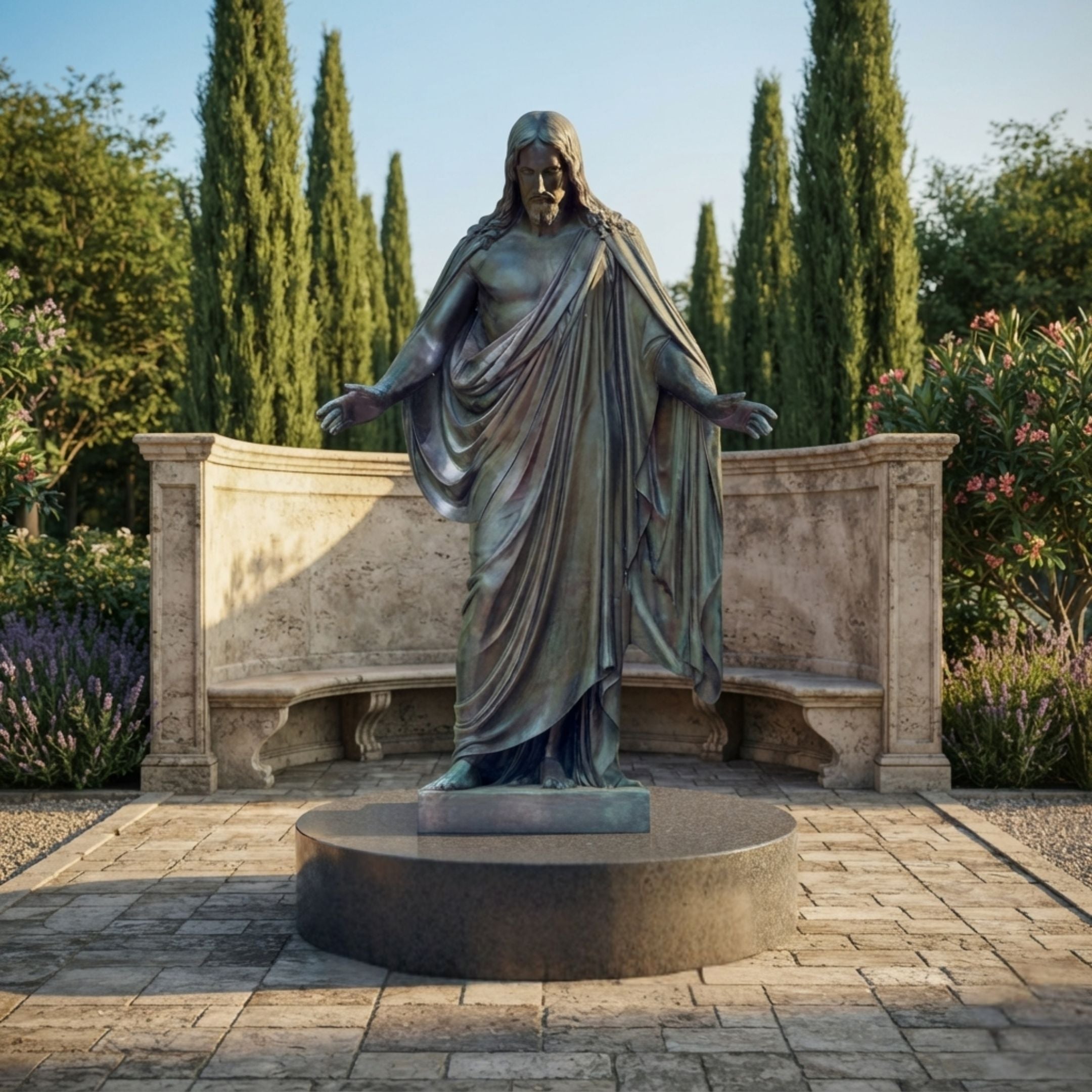 Life-Size Classical Jesus Christ Bronze Statue, 300cm, arms outstretched on a round pedestal, garden setting with stone bench and cypress trees.