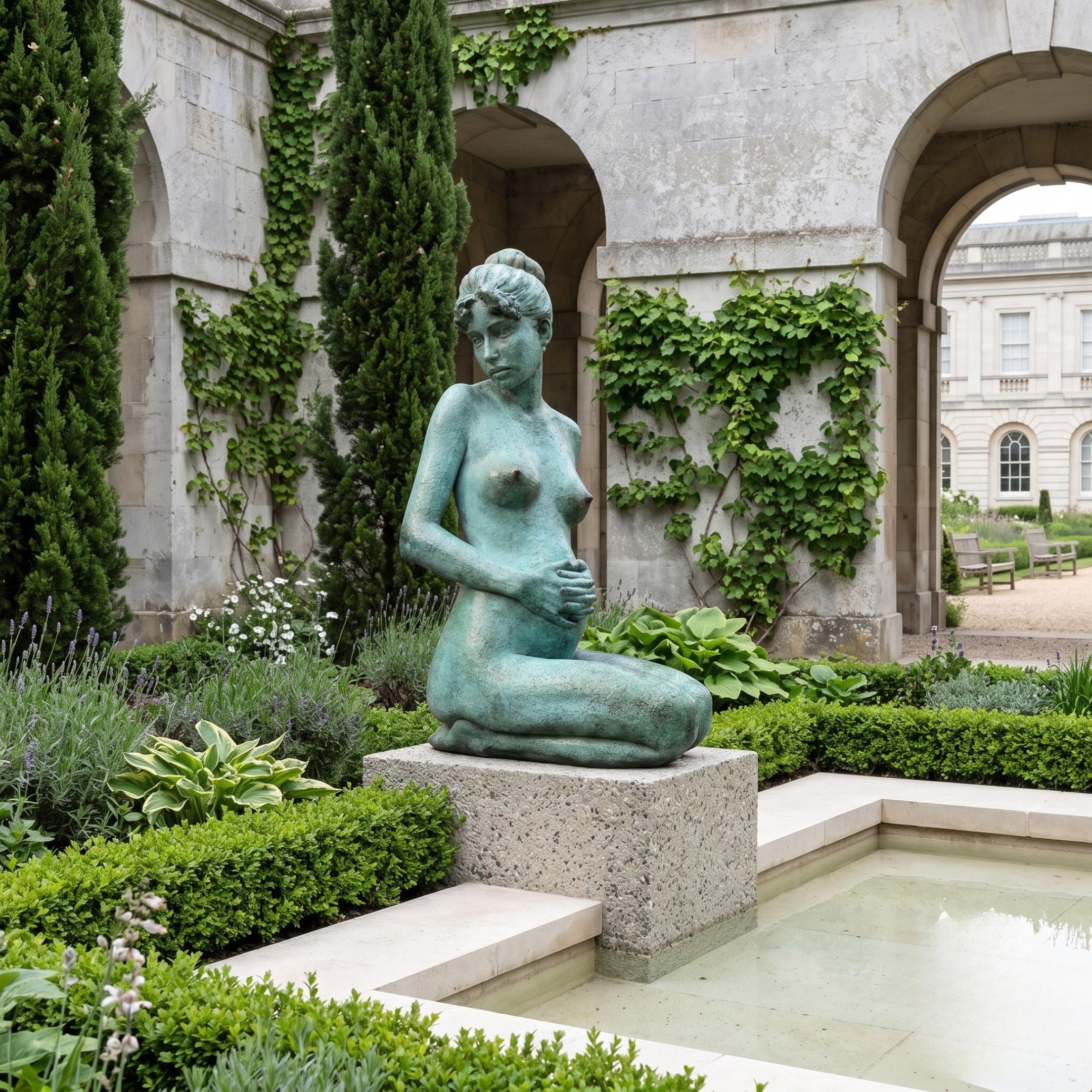 Life-Size Classical Kneeling Female Figure Bronze Sculpture by Giant Sculptures in verdigris patina, displayed on a stone plinth beside a garden pool and arches.