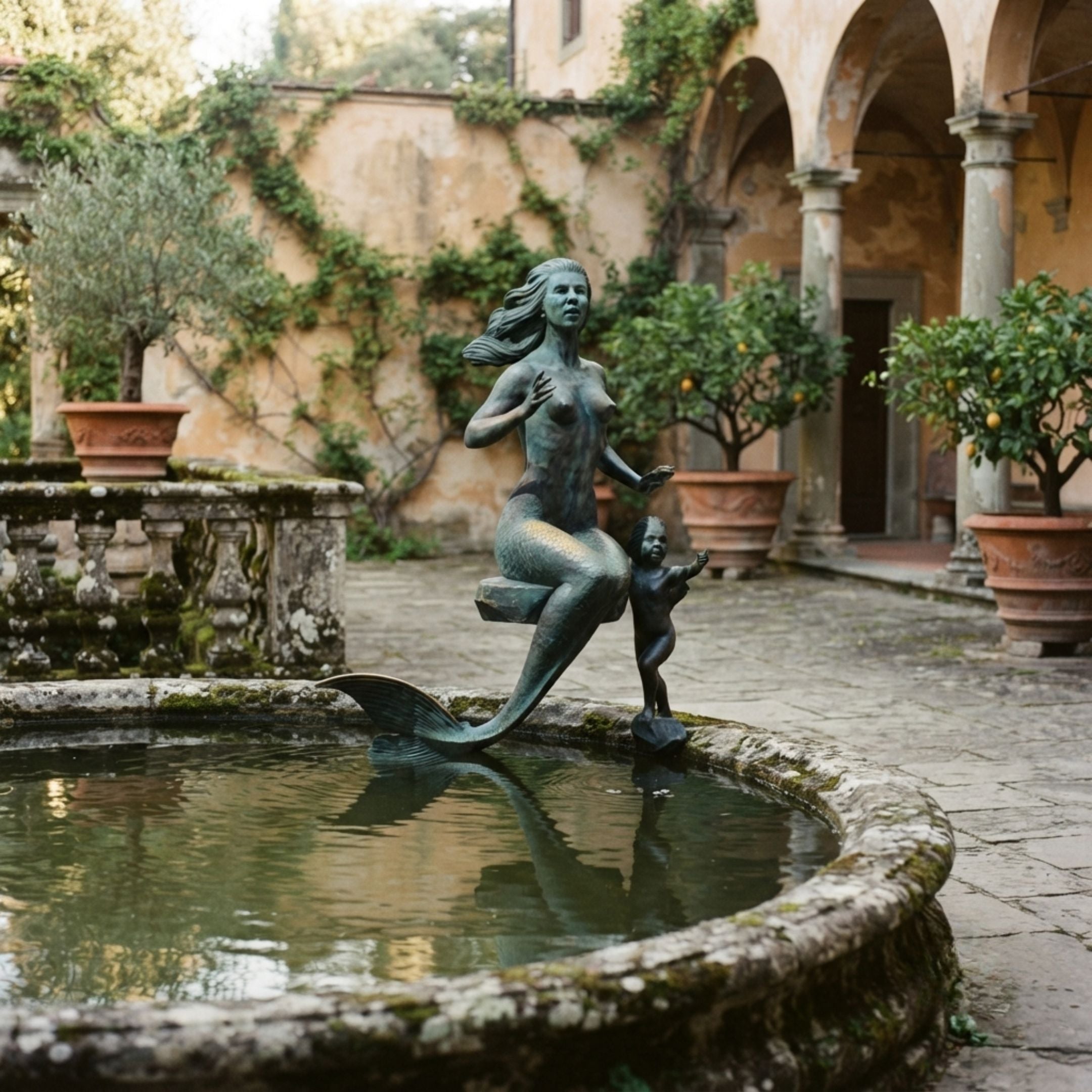 Life-Size Classical Mermaid and Merboy Bronze Sculpture by Giant Sculptures with green verdigris patina, set on a stone fountain in an Italianate courtyard.