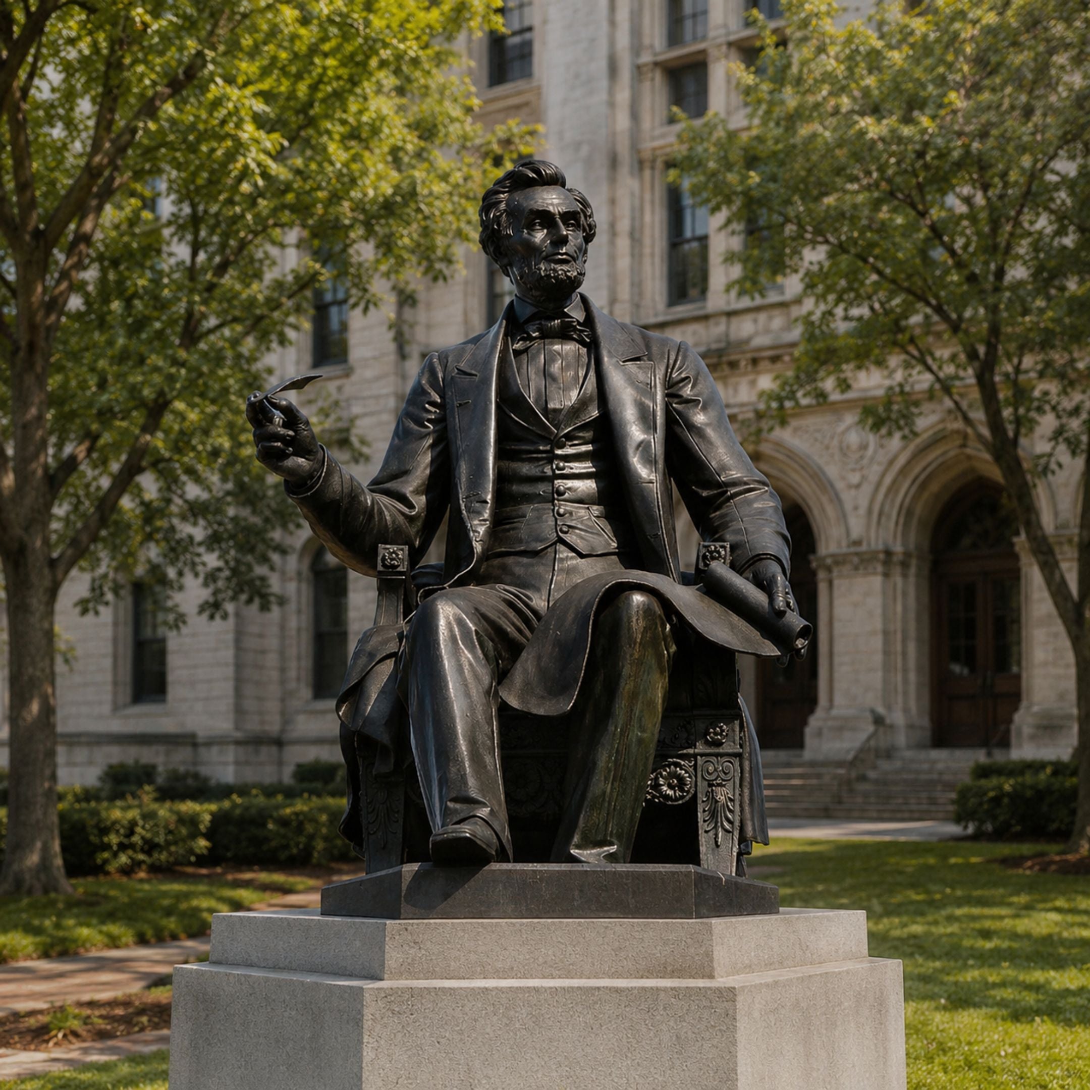 Giant Sculptures Life-Size Classical Seated Figure Bronze Statue, 250cm, seated on a carved chair with quill raised, on a stone plinth outside a stone building.