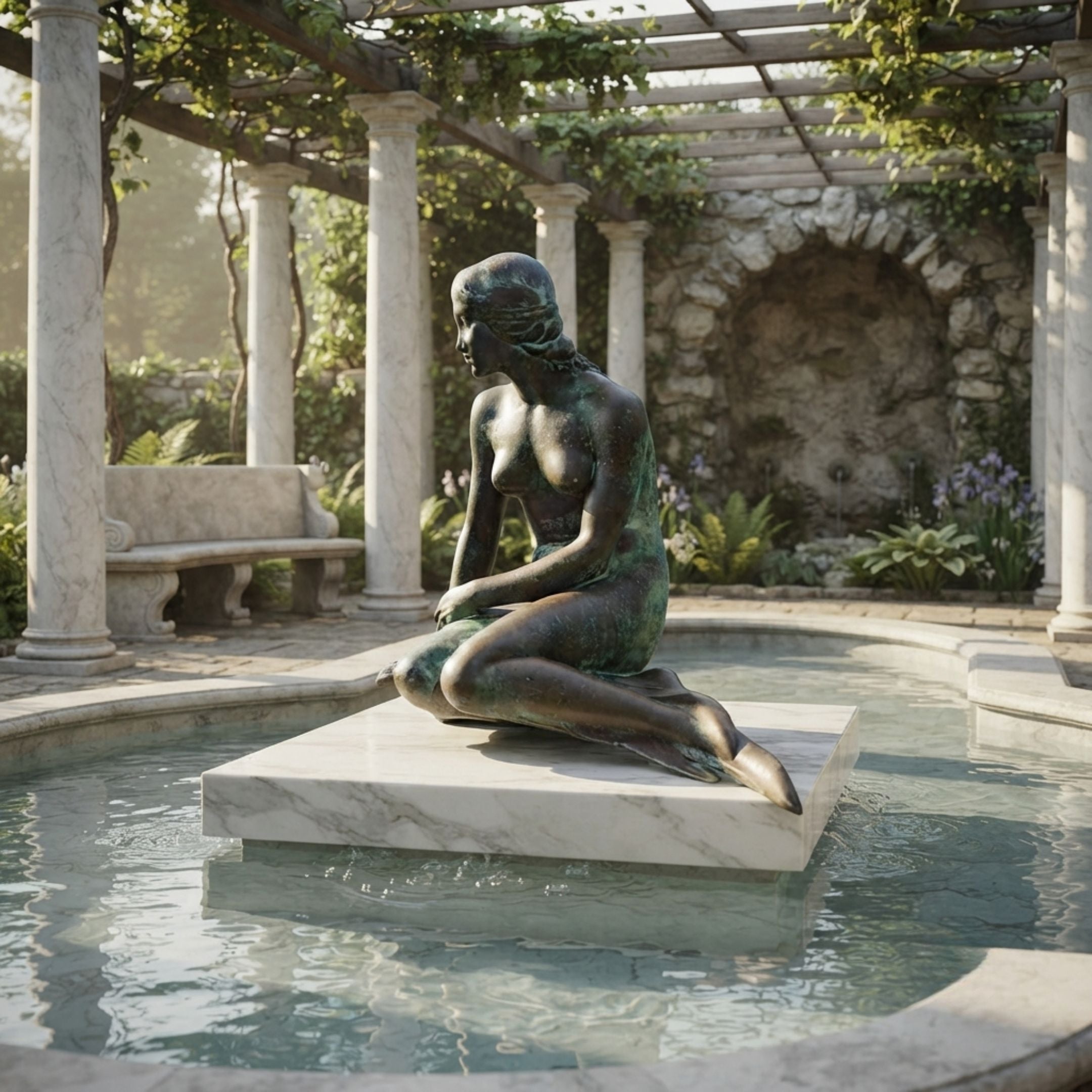 Life-Size Classical Seated Mermaid Bronze Sculpture by Giant Sculptures with verdigris patina, displayed on a marble platform in a columned garden fountain.