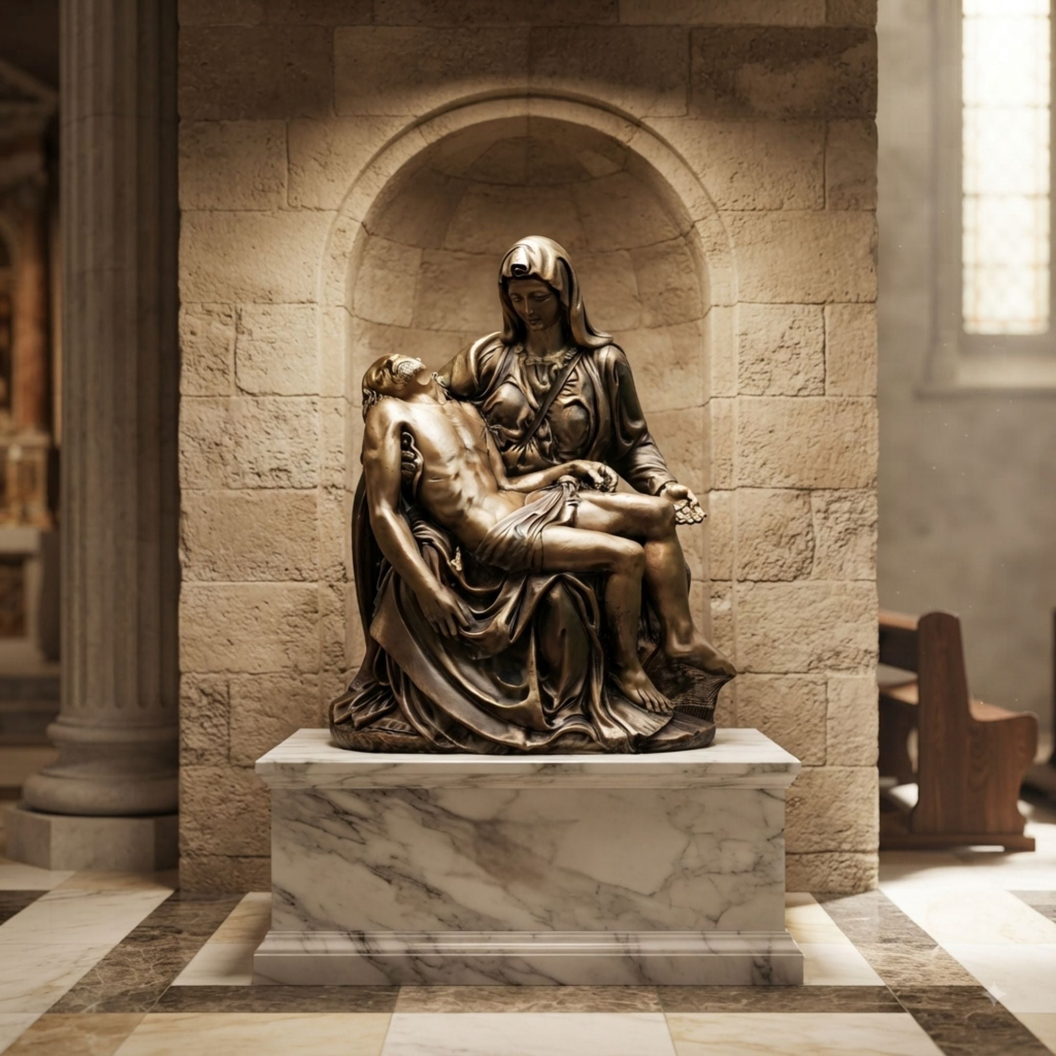 Life-Size Classical Seated Pietà Bronze Sculpture, 160cm, in a stone niche on a marble plinth, depicting a veiled woman cradling a limp male figure.