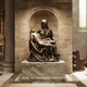 Life-Size Classical Seated Pietà Bronze Sculpture, 160cm, in a stone niche on a marble plinth, depicting a veiled woman cradling a limp male figure.