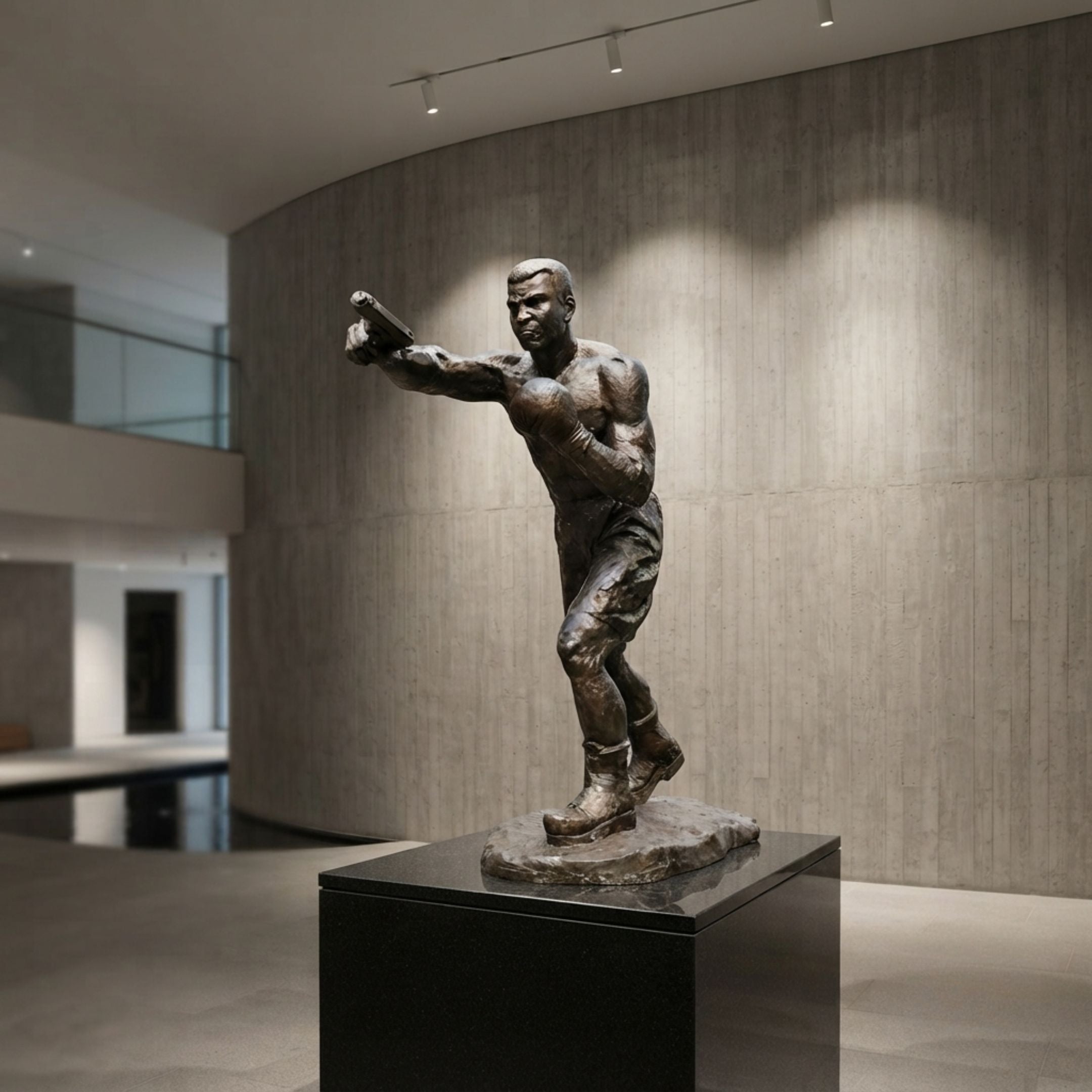 Life-Size Contemporary Boxer Bronze Sculpture by Giant Sculptures, 220cm dark brown patina figure mid-punch on a black plinth in a curved concrete gallery.