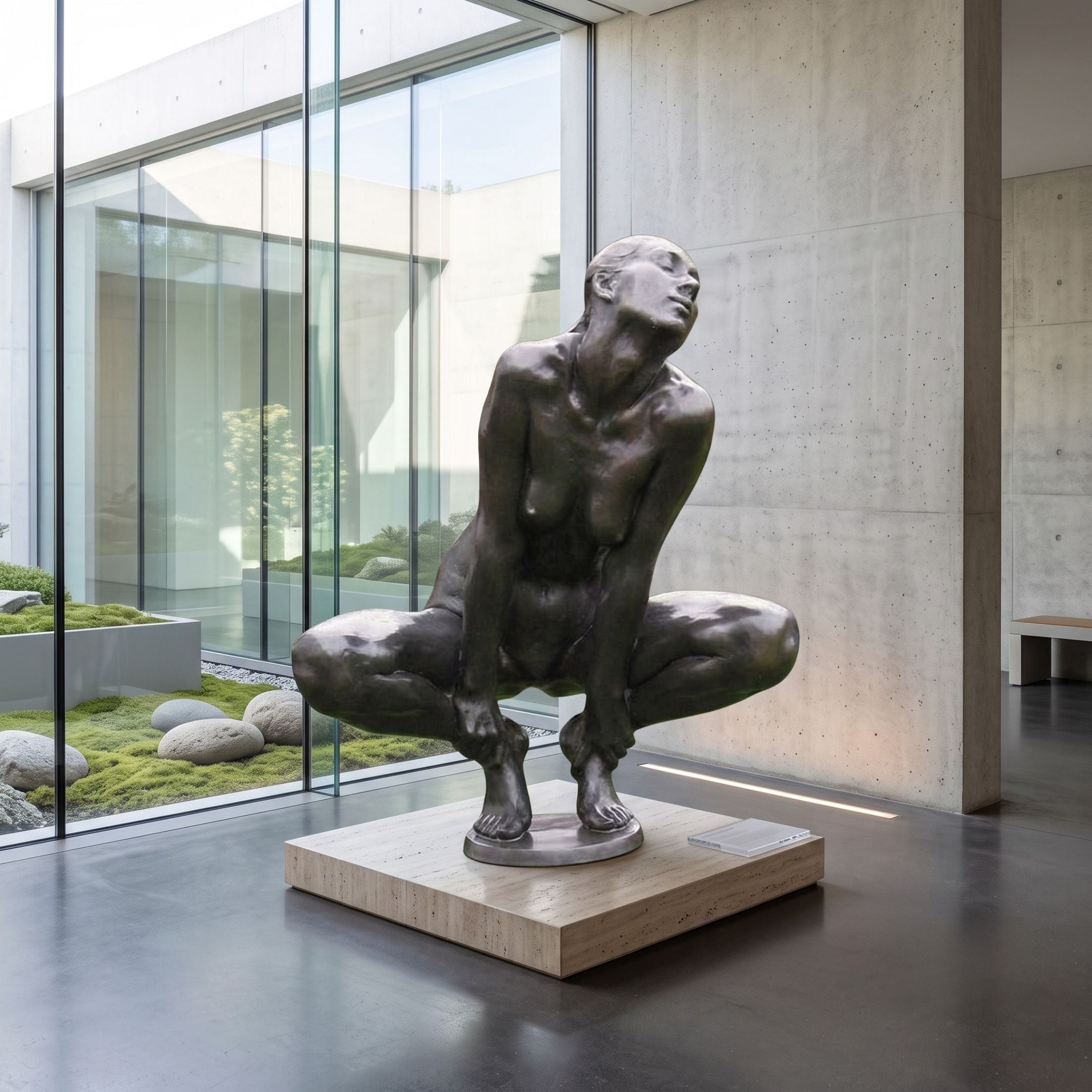 Life-Size Contemporary Crouching Female Figure Bronze Sculpture by Giant Sculptures, dark patina nude in deep crouch with arched torso, displayed on a stone plinth.