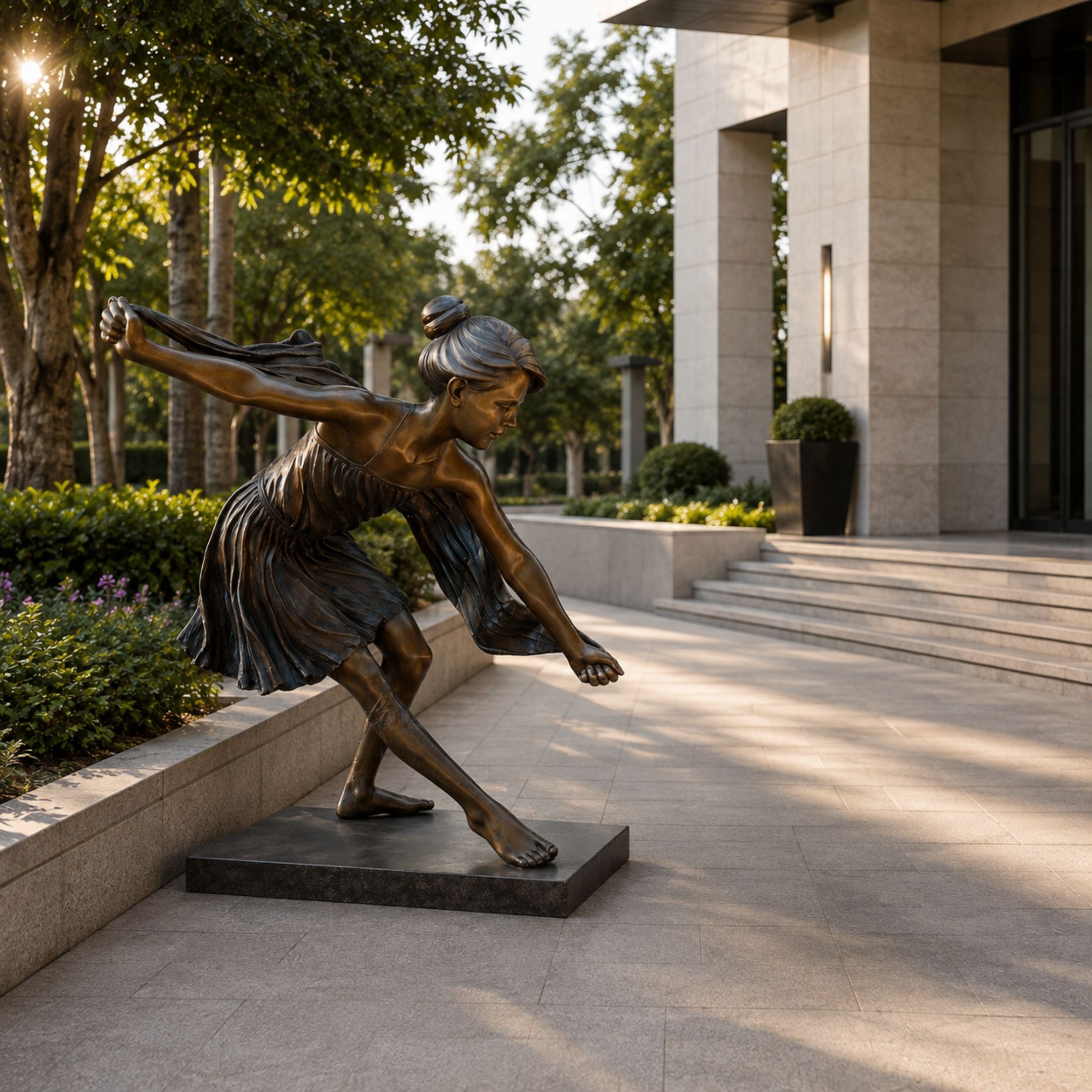 Life-Size Contemporary Dancing Girl Bronze Sculpture, 160cm, on a stone base outdoors near steps and greenery, arms spread in a dynamic dance pose.