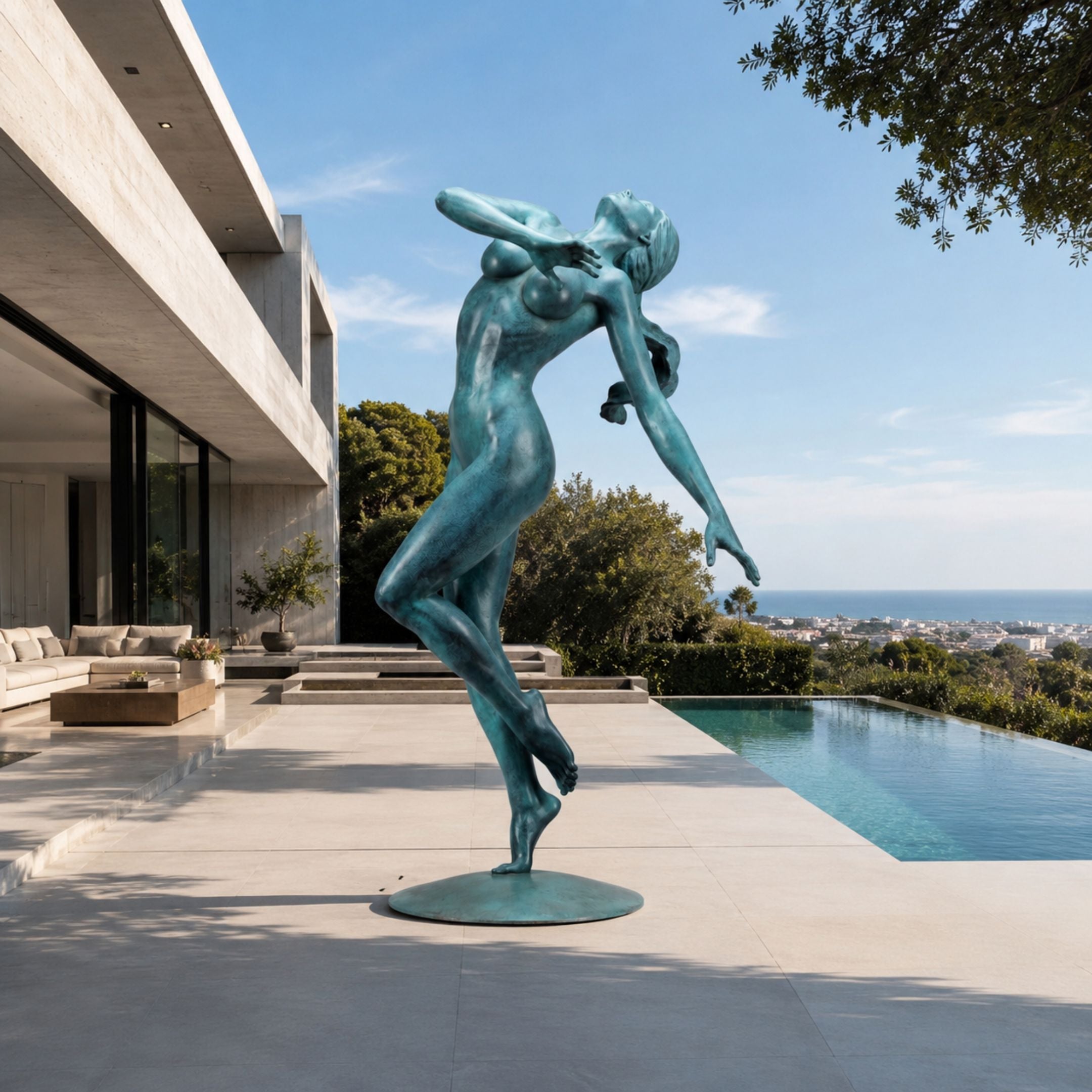 Life-Size Contemporary Dancing Nude Female Bronze Sculpture in verdigris green, arching backward on tiptoe, on a poolside terrace with ocean view.