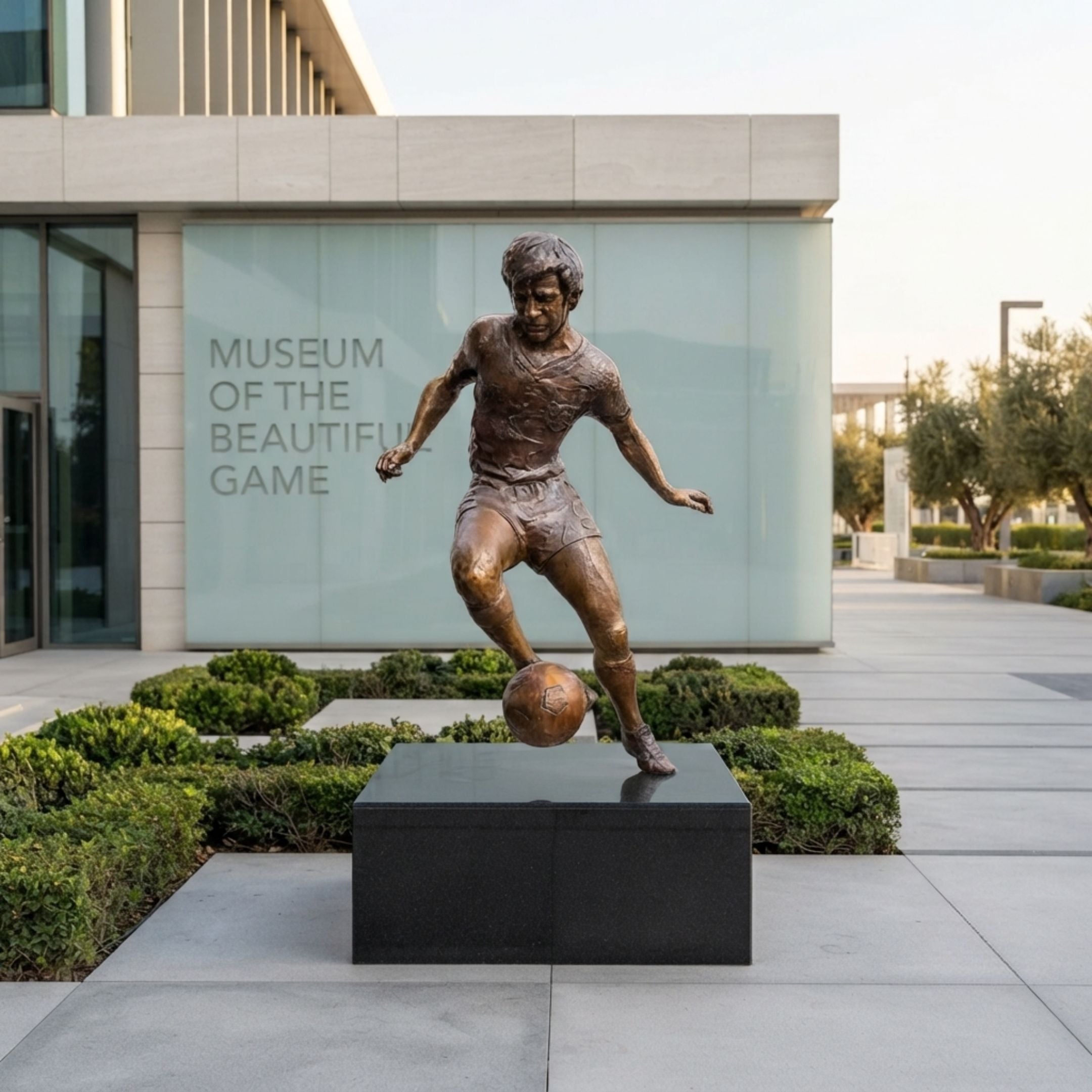 Life-Size Contemporary Footballer Dribbling Bronze Sculpture by Giant Sculptures on a black plinth outside a modern Museum of the Beautiful Game entrance.