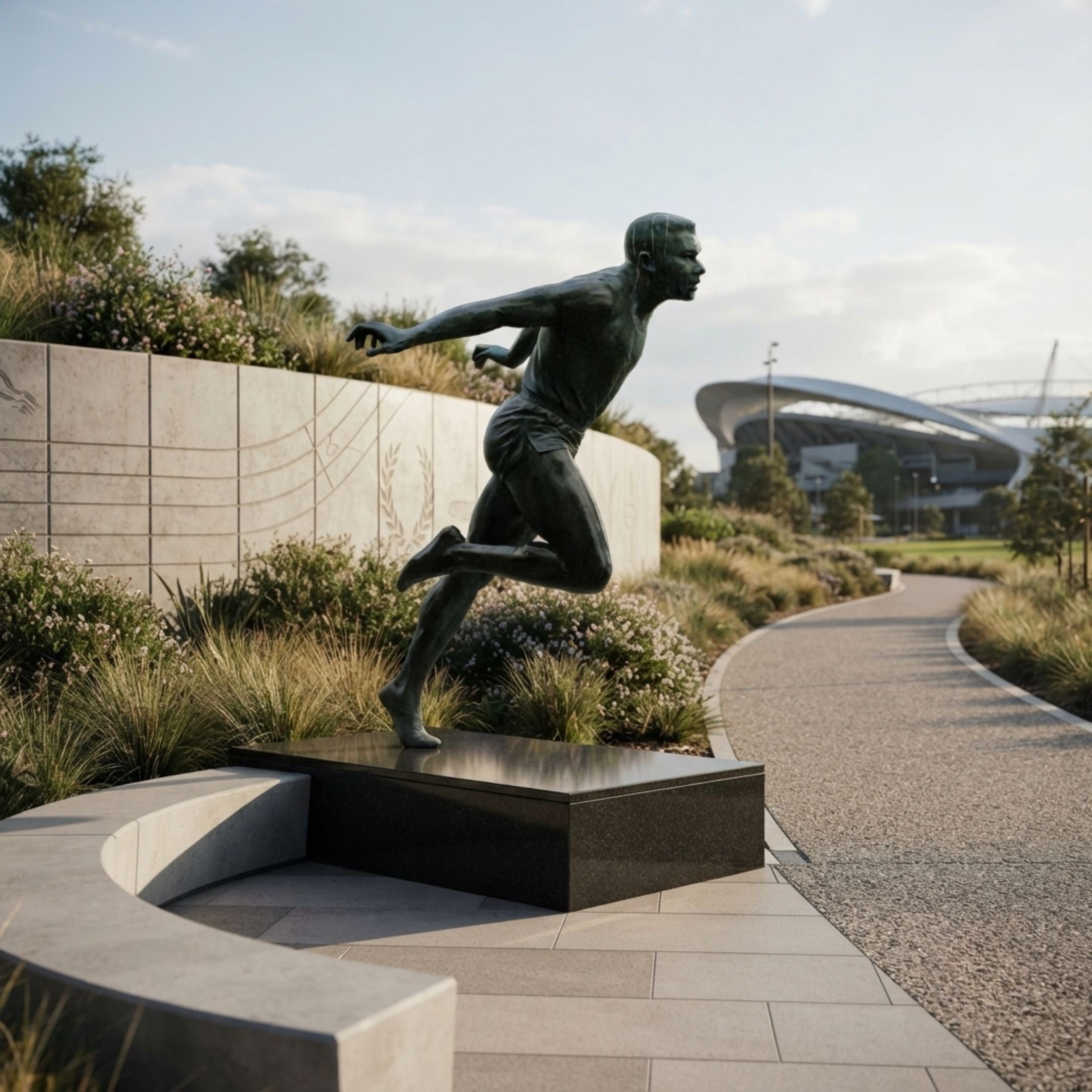 Life-Size Contemporary Male Runner Bronze Sculpture by Giant Sculptures on a black plinth beside a landscaped pathway, with a stadium visible in the background.