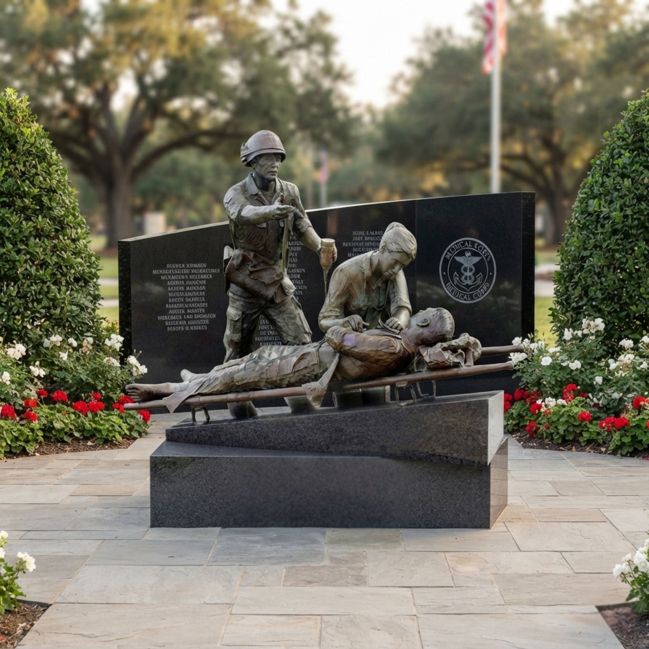 Life-Size Contemporary Military Nurse and Wounded Soldier Bronze Sculpture, 280cm, on a granite base with a memorial wall backdrop amid garden landscaping.