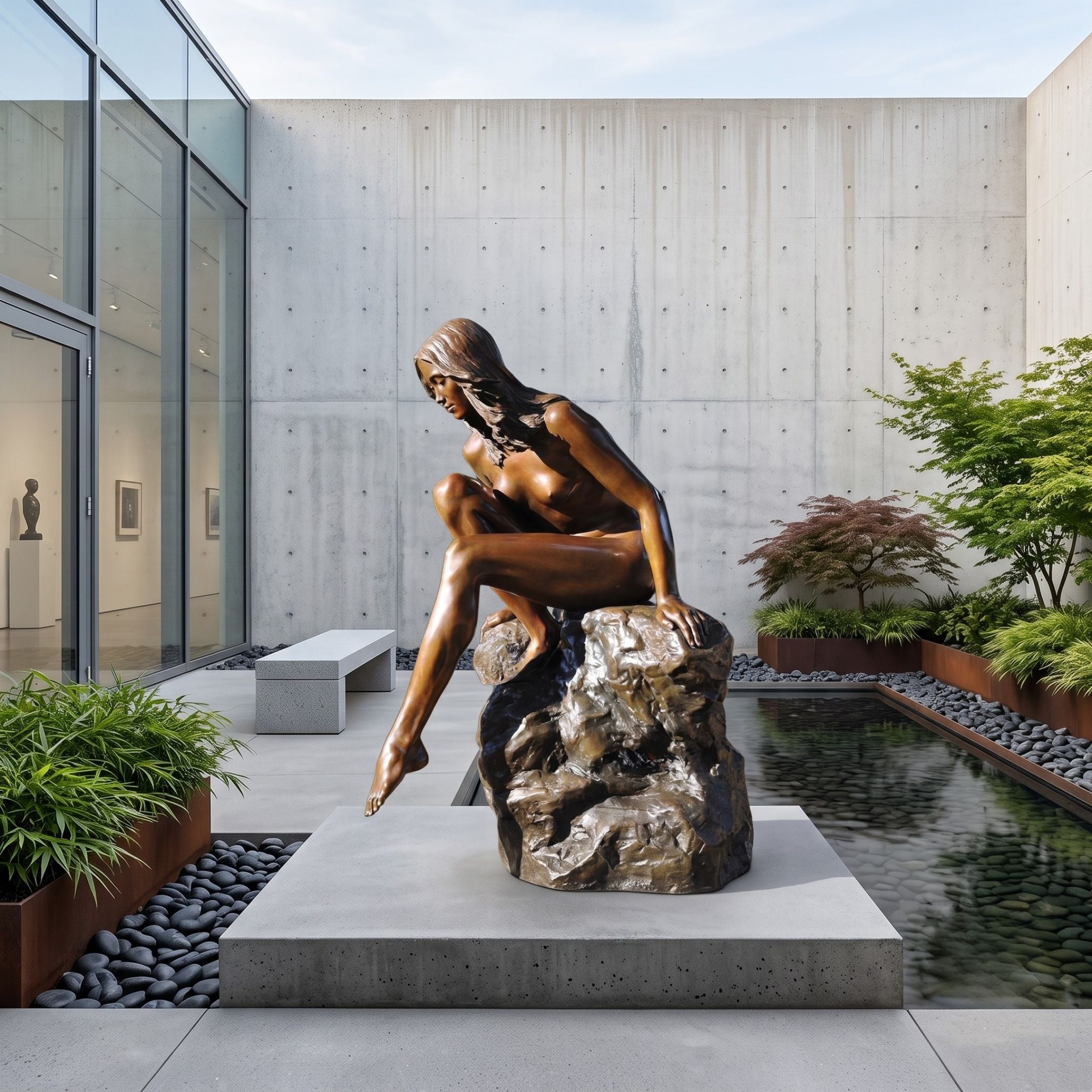 Giant Sculptures Life-Size Contemporary Seated Female Figure Bronze Sculpture 140cm with warm brown patina, displayed on a concrete plinth in a courtyard beside a reflecting pond.