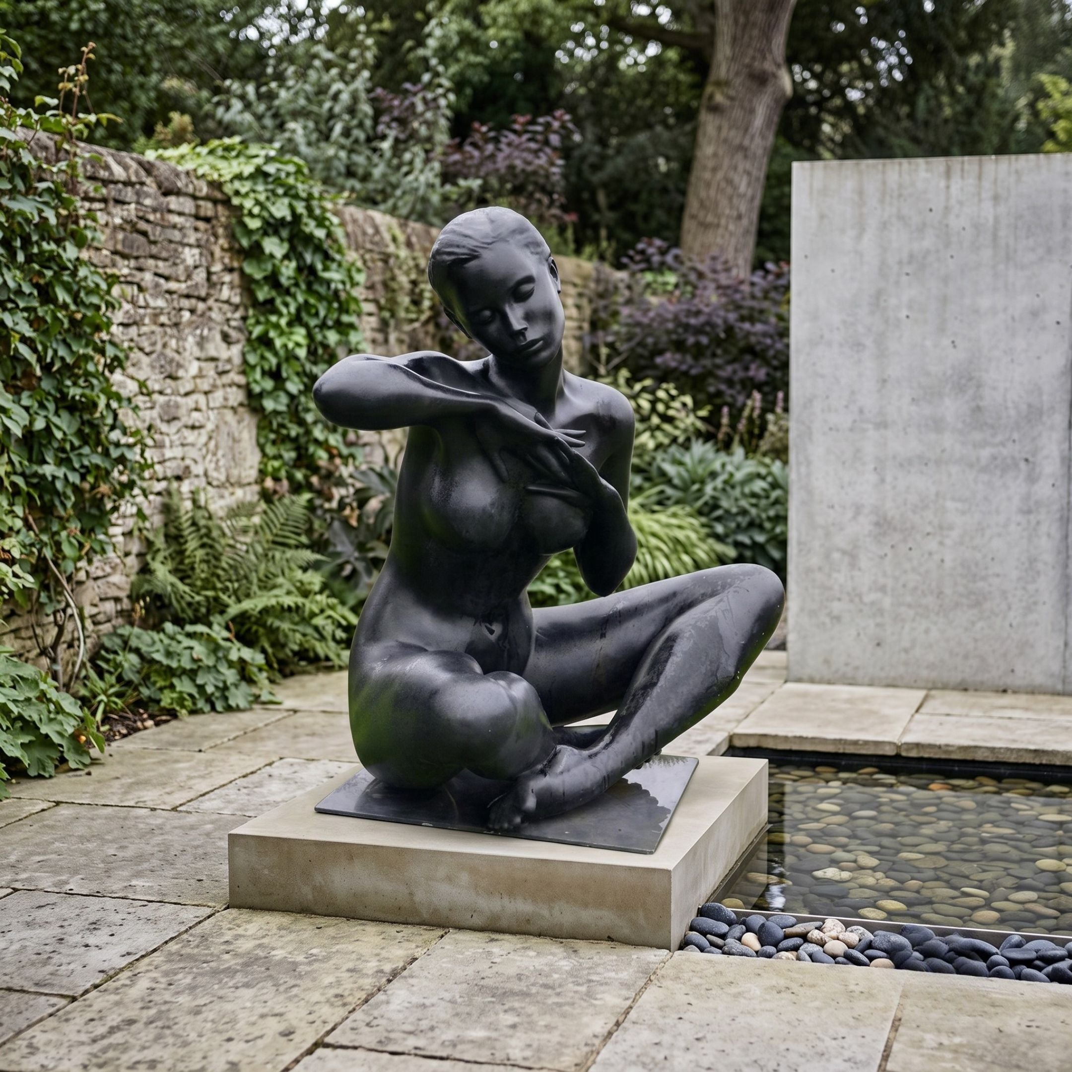 Life-Size Contemporary Seated Nude Female Figure Bronze Sculpture by Giant Sculptures with black patina, displayed on a plinth beside a pebble-lined garden pond.