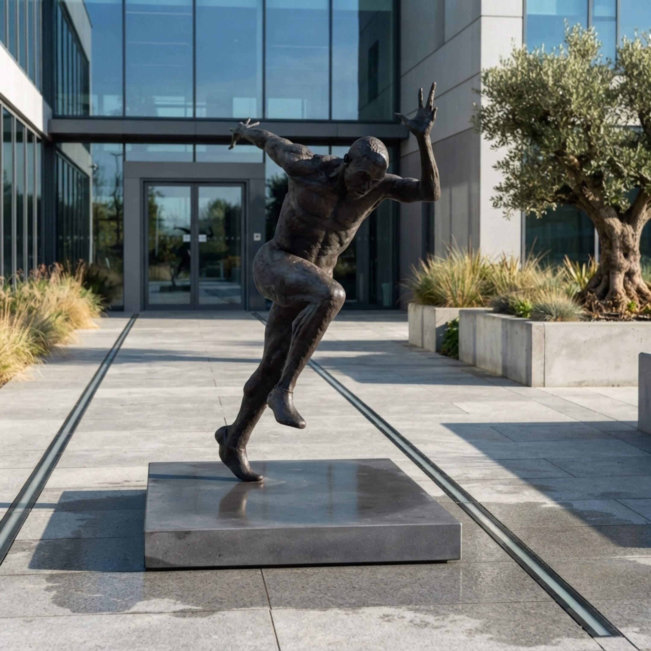 Life-Size Contemporary Sprinting Male Figure Bronze Sculpture by Giant Sculptures, dark patina athlete mid-stride on a stone plinth outside a modern glass building.